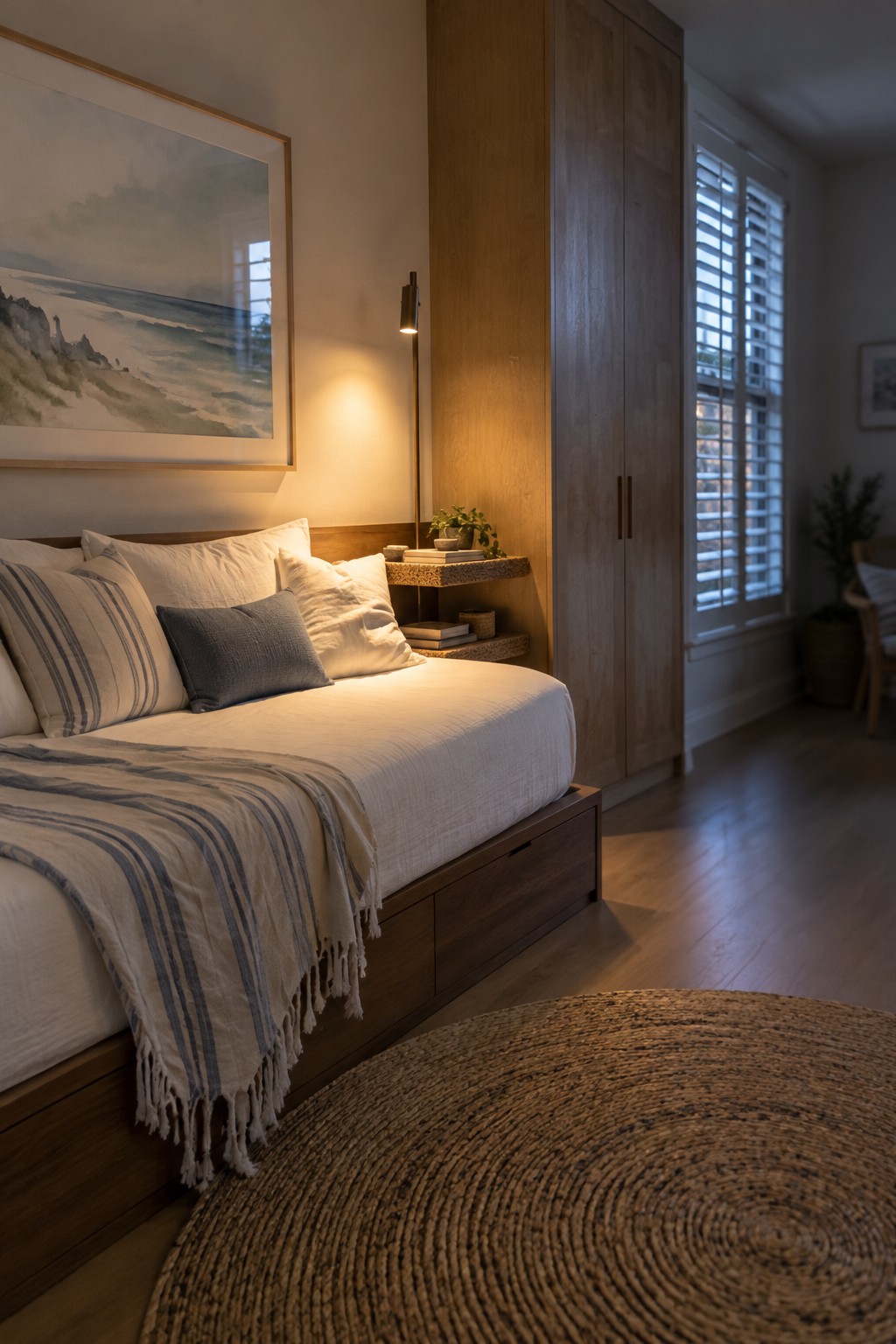 A bedroom with a natural wood bed featuring built-in drawers, white bedding, a striped throw, and a large woven rug.