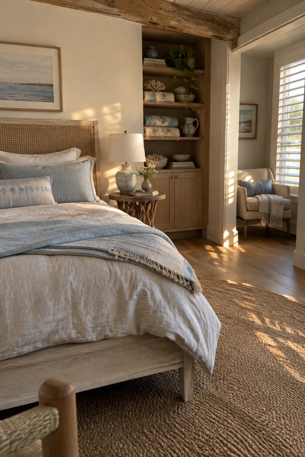 A bedroom with built-in wooden shelves and cupboards beside a bed with a woven headboard.