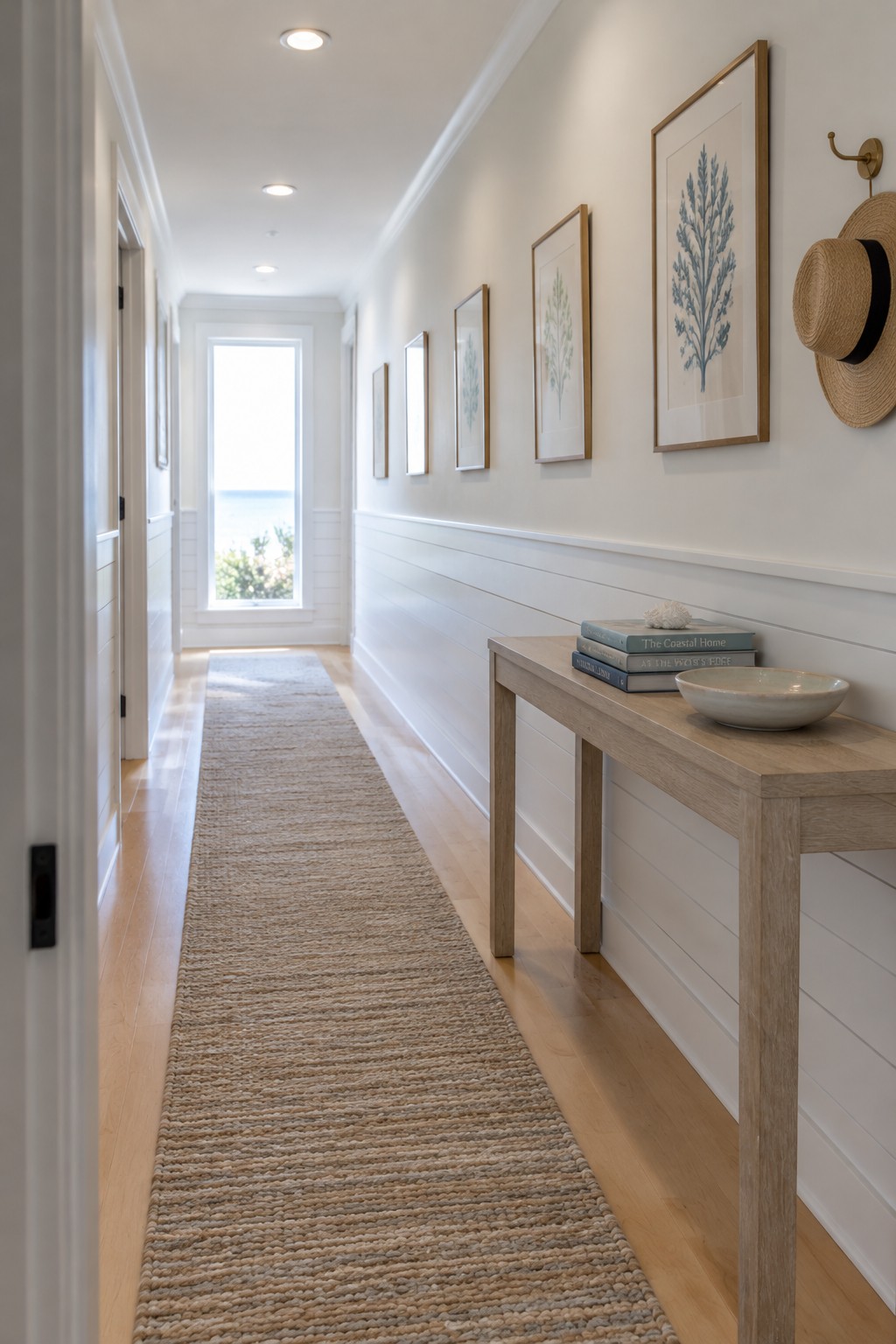 A narrow white hallway with a pale wood console table, woven runner, framed botanical prints, and a straw hat on the wall.