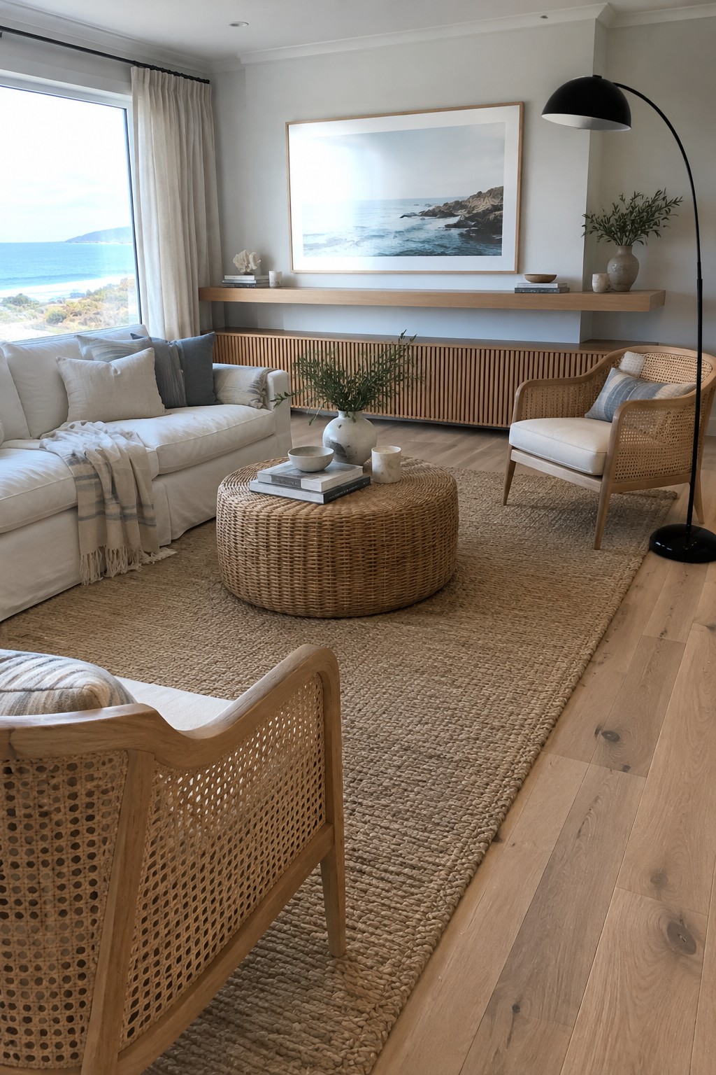 Coastal living room with a wood-slat radiator cover, white sofa, woven chairs, and a round wicker coffee table.