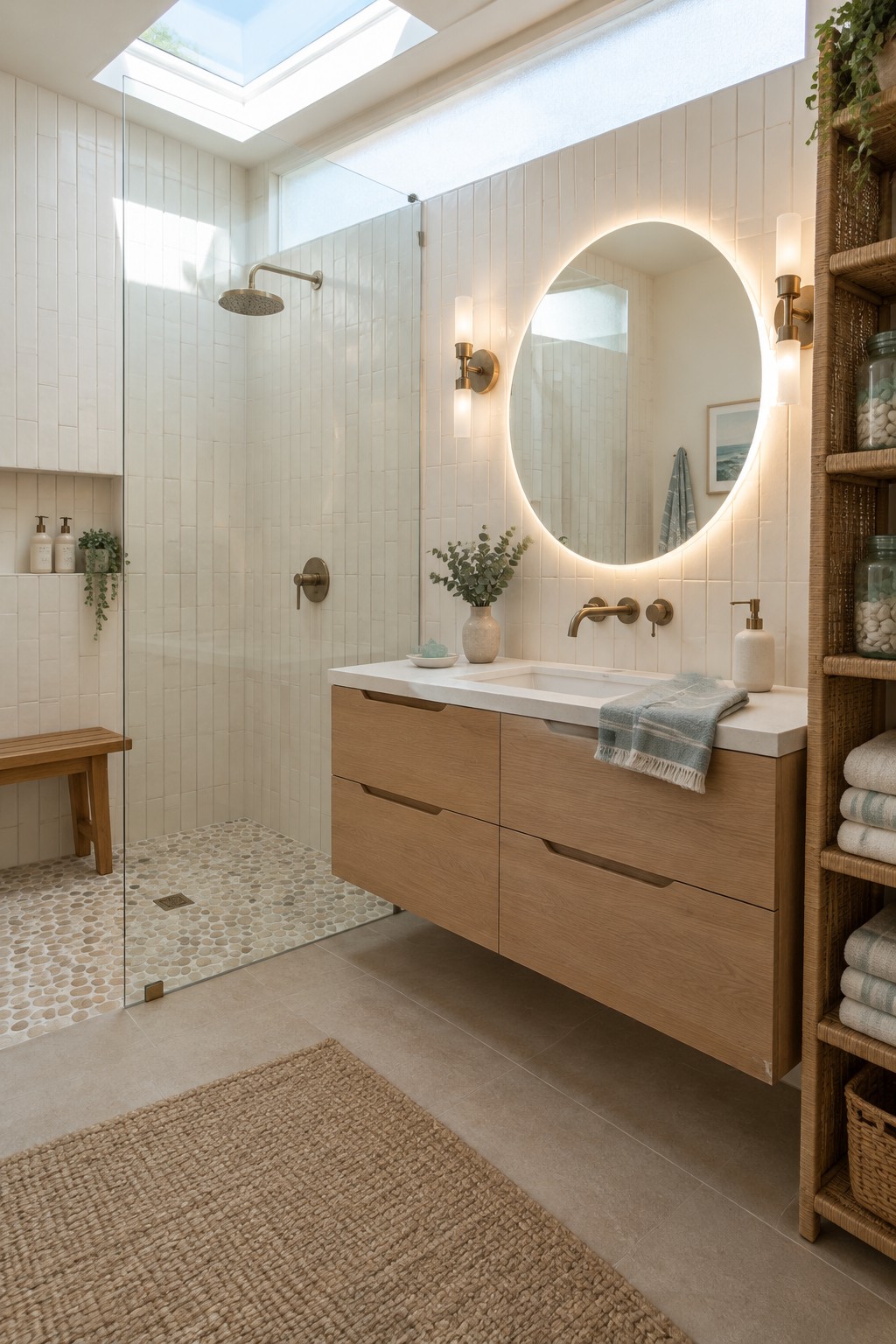 A coastal bathroom with a natural wood vanity, pale tile, an oval illuminated mirror, and a glass-enclosed shower.