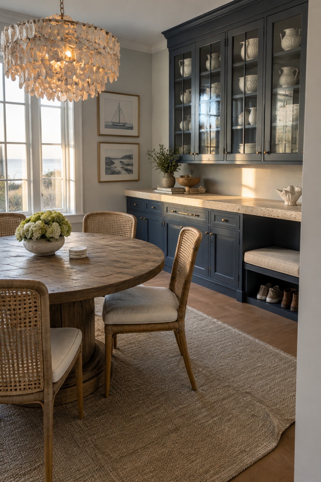 A dining room with deep blue built-in cabinets, a pale stone countertop, a round wood table, and woven chairs.