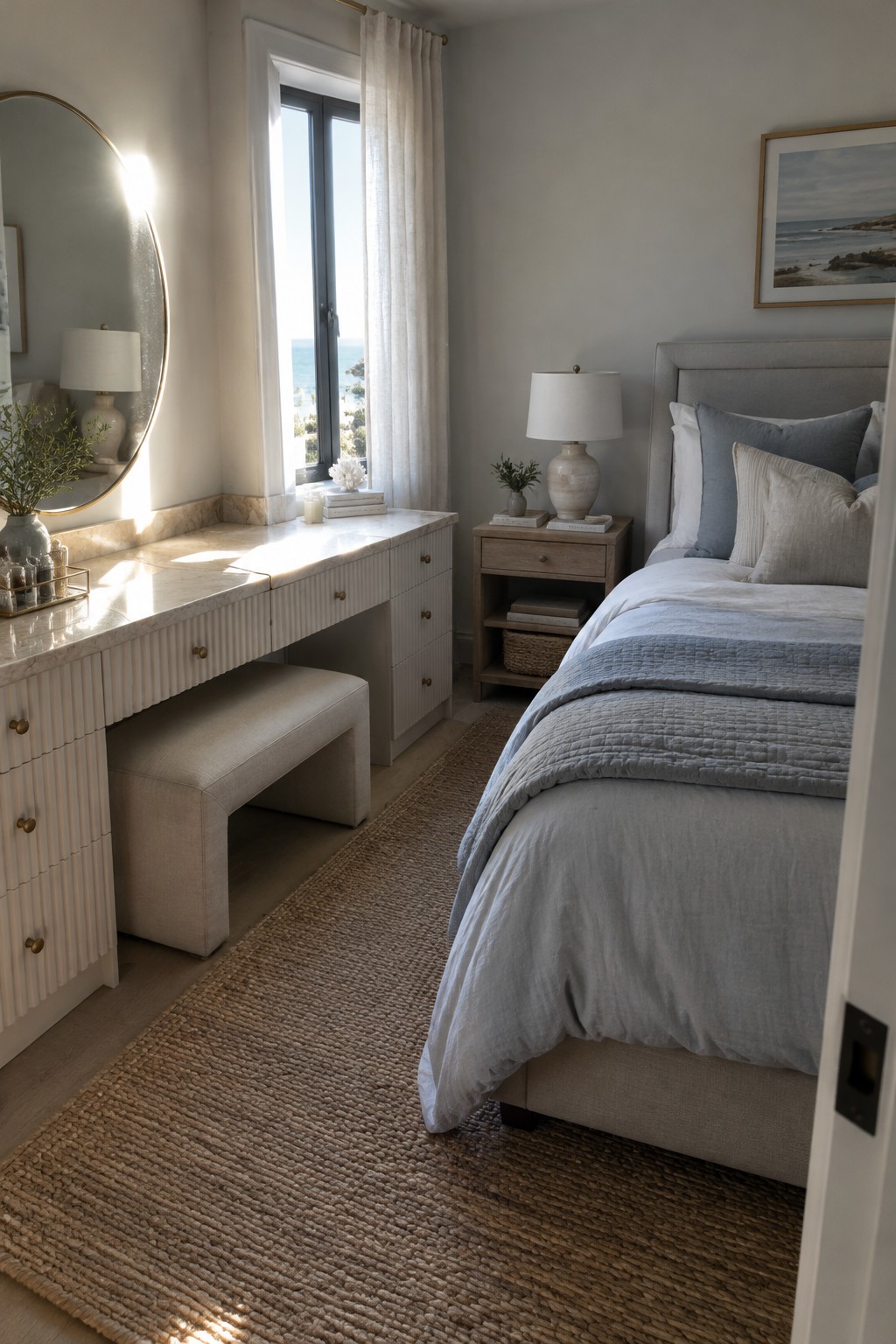 A bedroom with a built-in pale stone vanity beneath a window beside a bed with gray-blue bedding.
