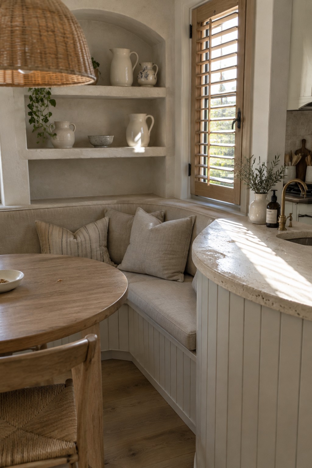 A curved stone countertop beside a built-in upholstered banquette and round wooden dining table in a light kitchen.