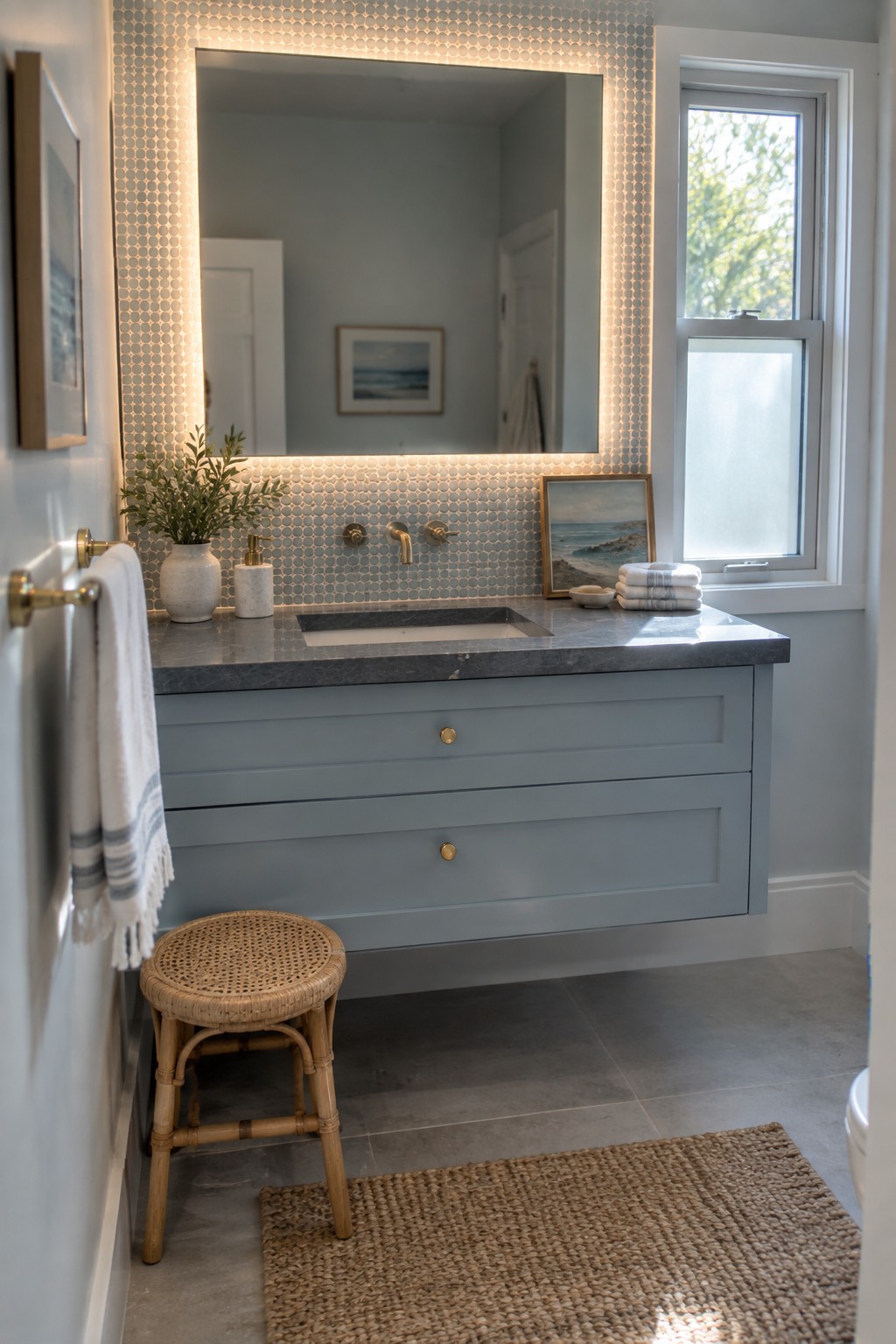 A bathroom vanity with a dark gray stone countertop, blue-gray drawers, a round-tile backsplash, and a large backlit mirror.