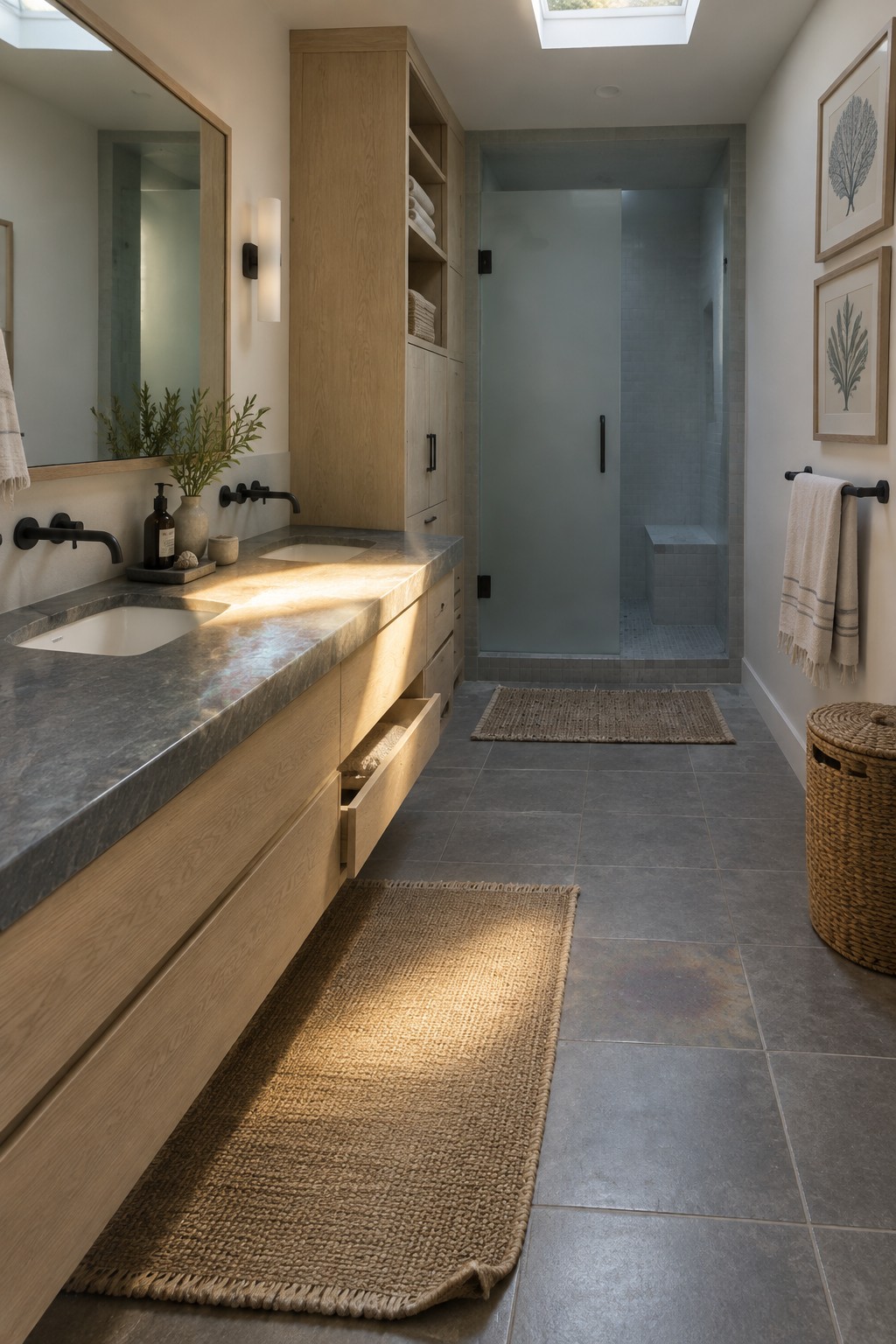 A coastal-style bathroom with gray stone vanity countertops, pale wood cabinets, black fixtures, and a glass shower.