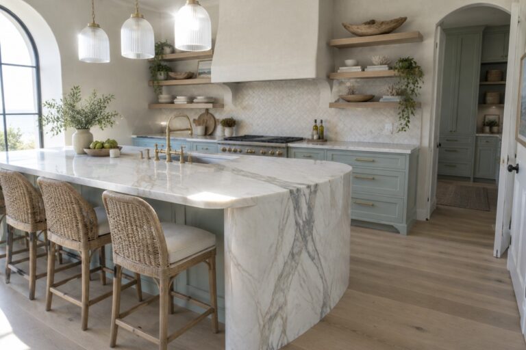 A pale marble kitchen island with a waterfall end sits in front of sage-green cabinets and a tiled backsplash.