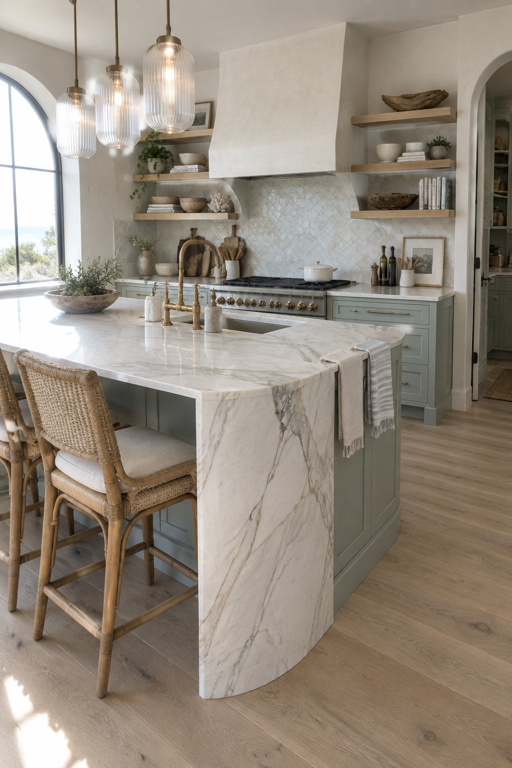 A pale marble kitchen island with a waterfall end sits in front of sage-green cabinets and a tiled backsplash.