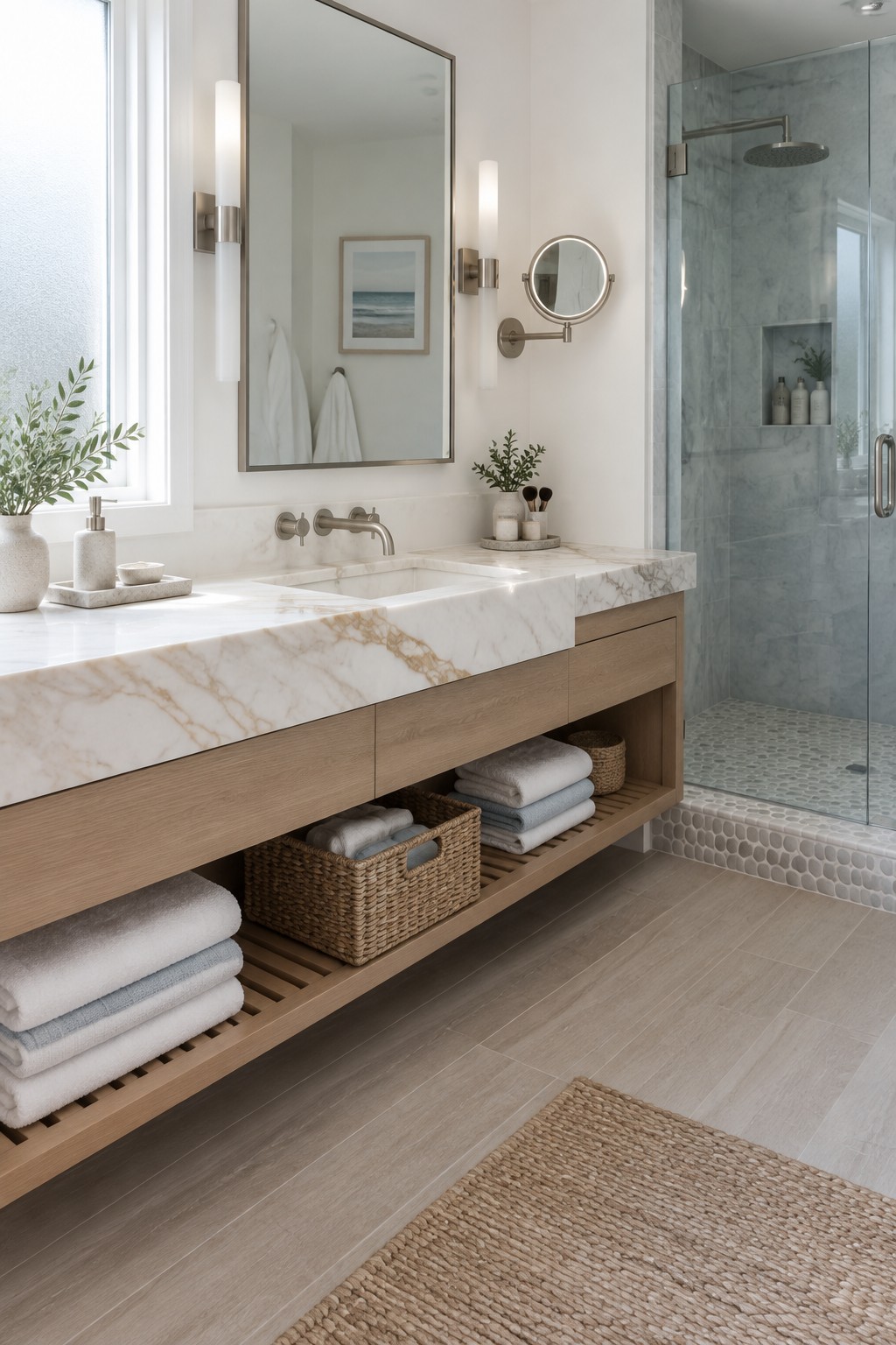 A bathroom with a white marble countertop, a floating wood vanity with towels and woven baskets on its open shelf, and a glass-enclosed shower.