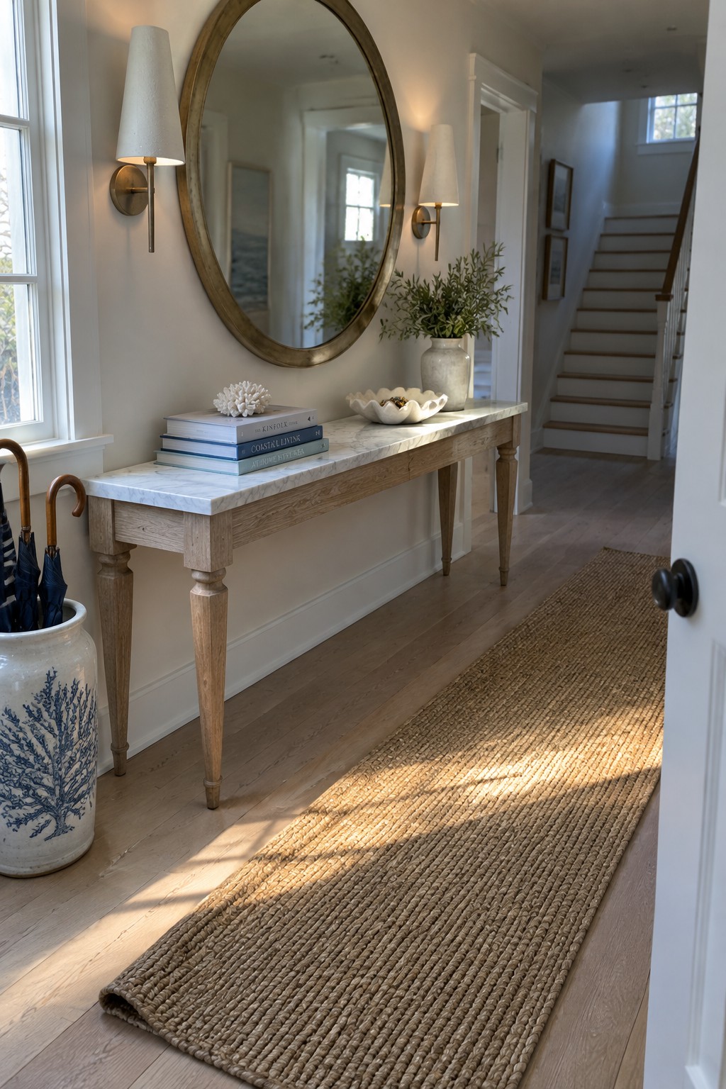 A marble-topped wooden console table sits beneath an oval mirror in a hallway.