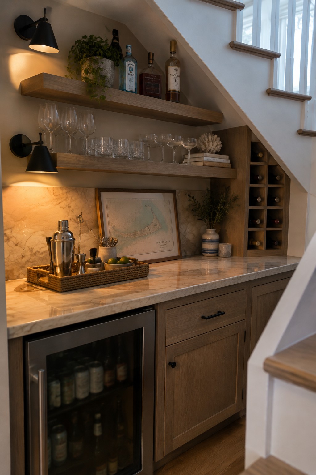 A built-in bar beneath a staircase has a marble countertop, wood shelves and cabinets, glassware, bottles, and a small beverage refrigerator.