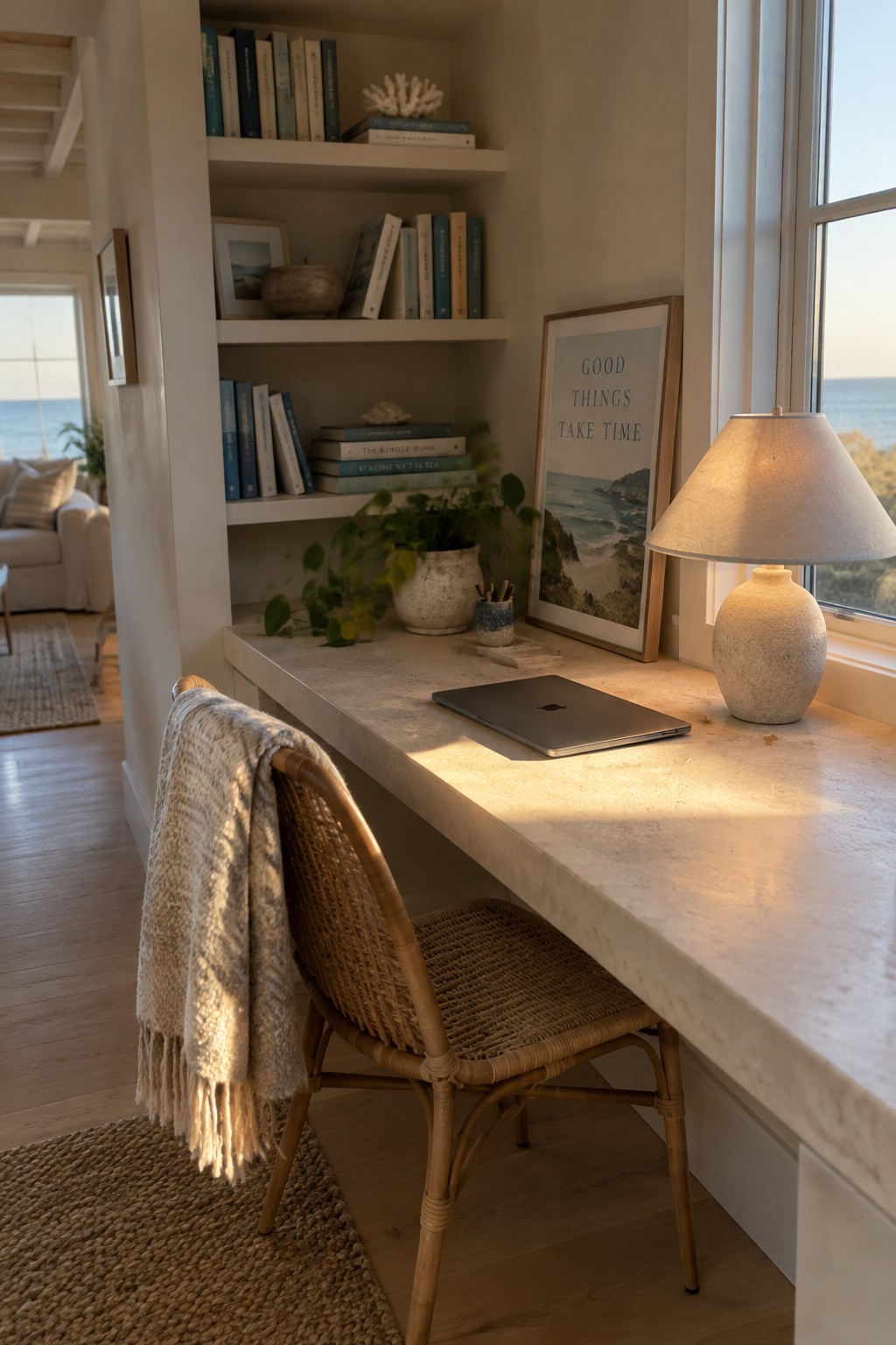 A pale stone built-in desk sits beneath shelves beside a window, with a woven chair and closed laptop.