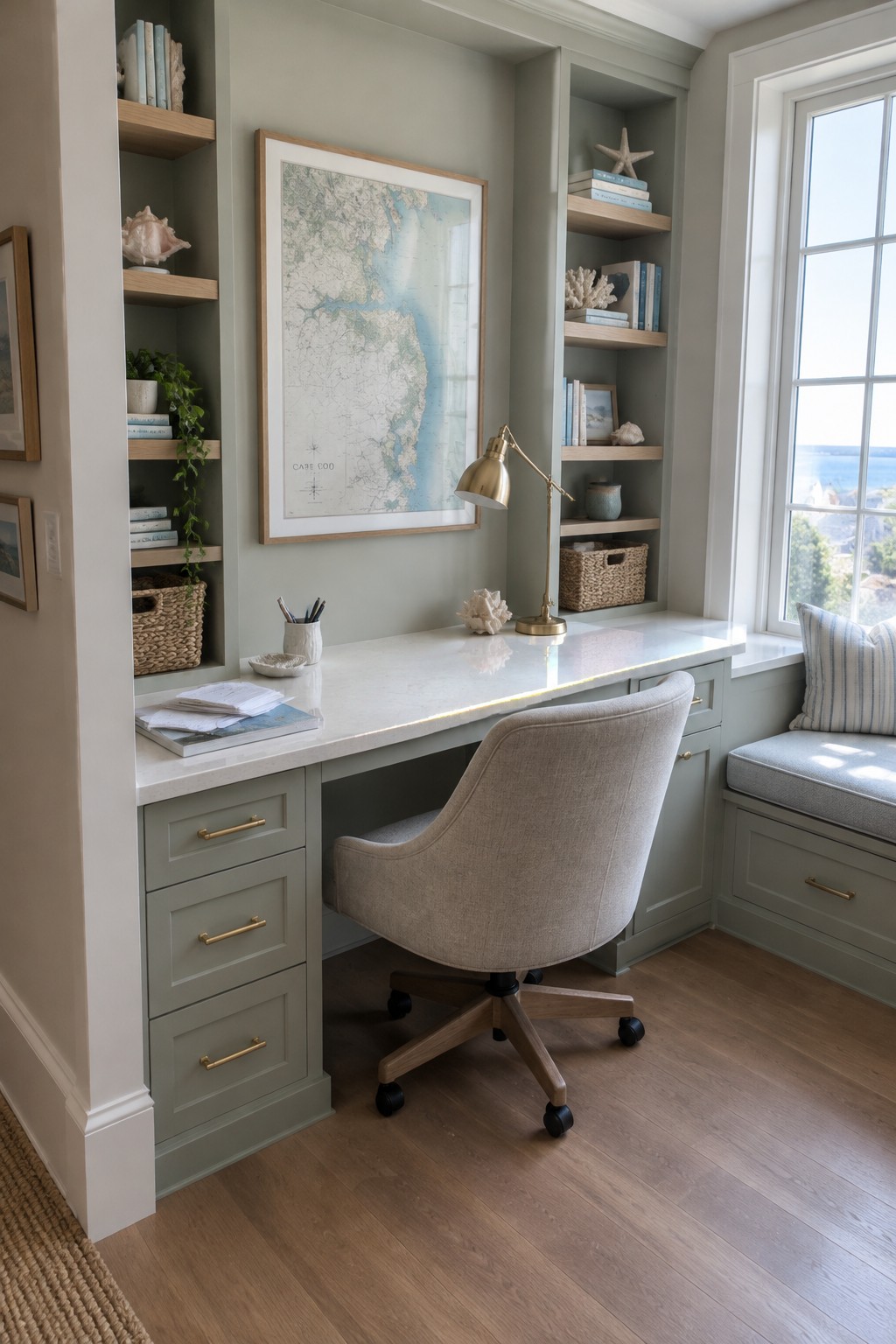 A built-in sage-green desk with a white stone countertop, drawers, open shelves, a framed coastal map, and a beige office chair beside a window.