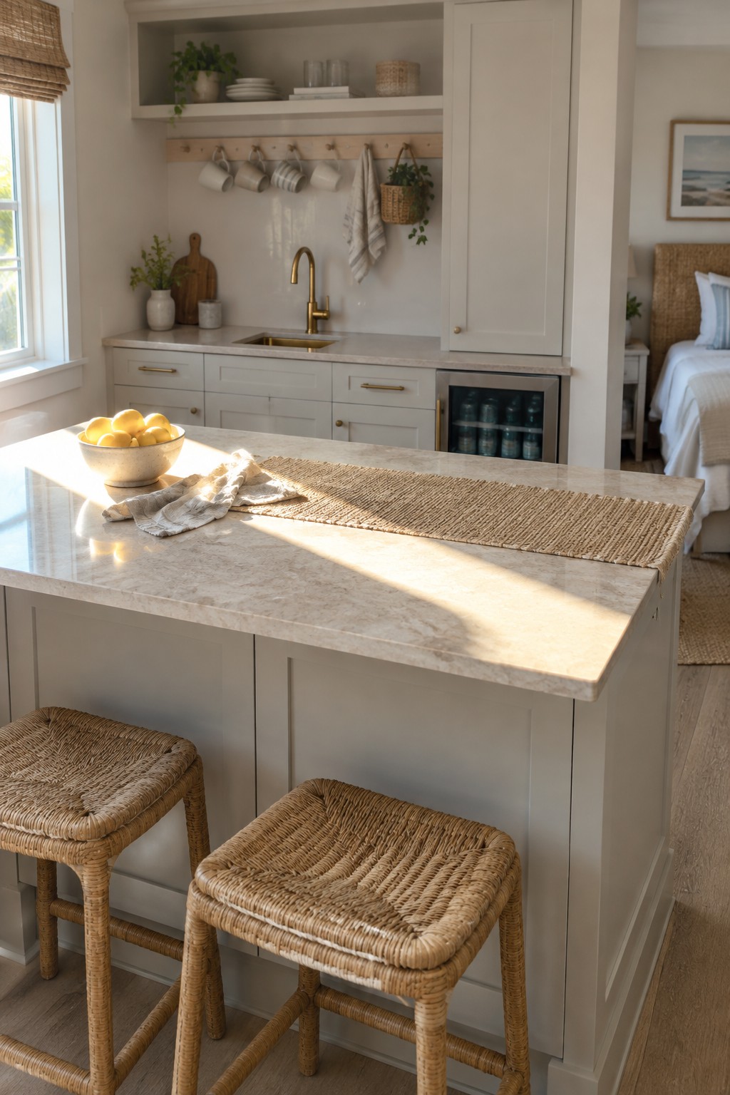 A pale stone kitchen island with two woven stools, a bowl of lemons, and a brass faucet at the sink.