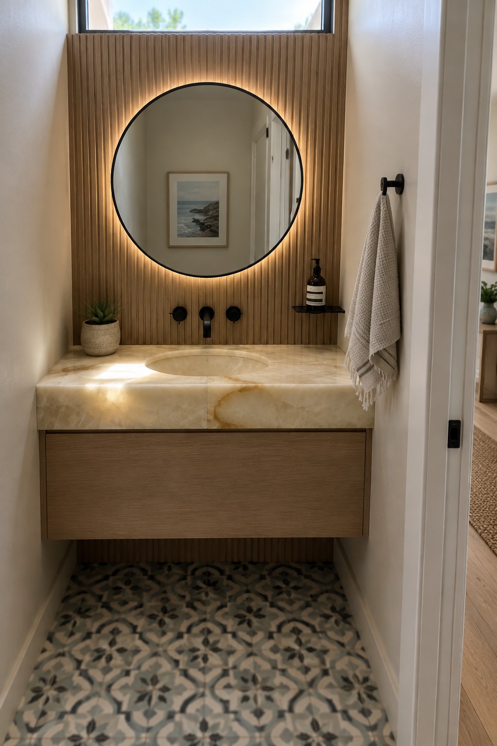 A small bathroom with a pale stone vanity top, wood-front floating cabinet, round mirror, and patterned floor tiles.