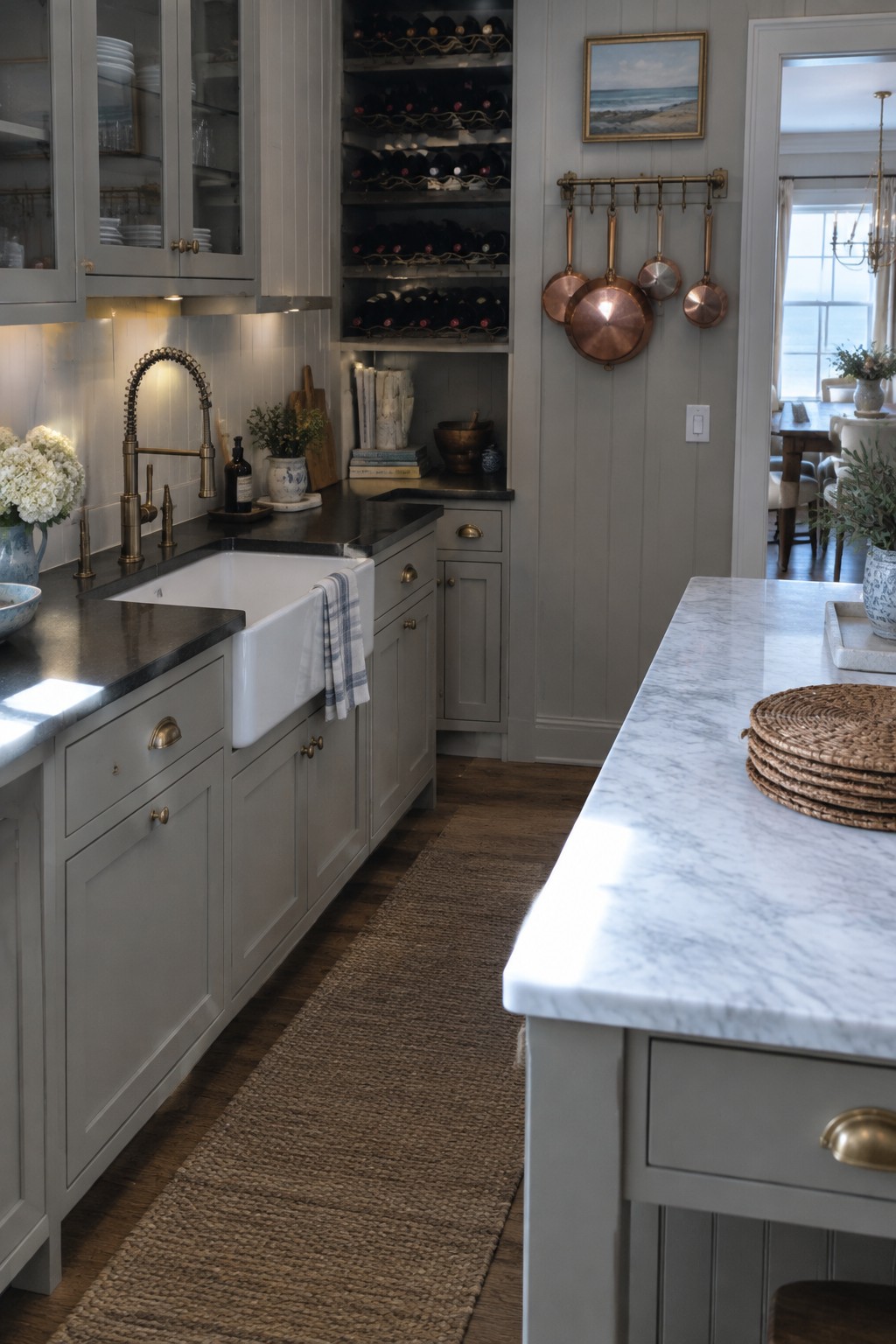 A gray coastal kitchen with dark countertops, a white farmhouse sink, pale cabinets, and a marble island.
