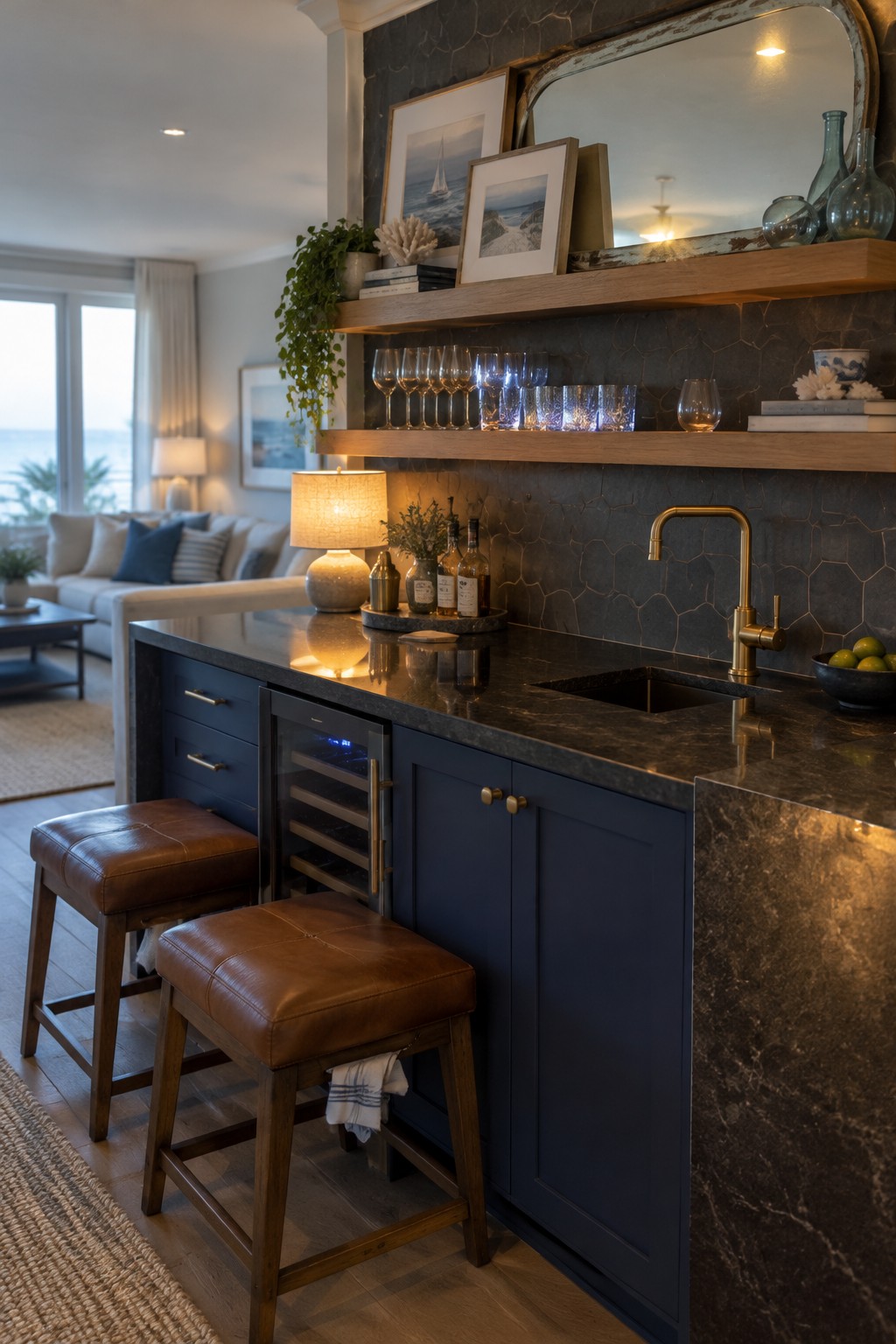 A dark stone bar counter with navy cabinets, a sink, two leather stools, and wood shelves displaying glassware.