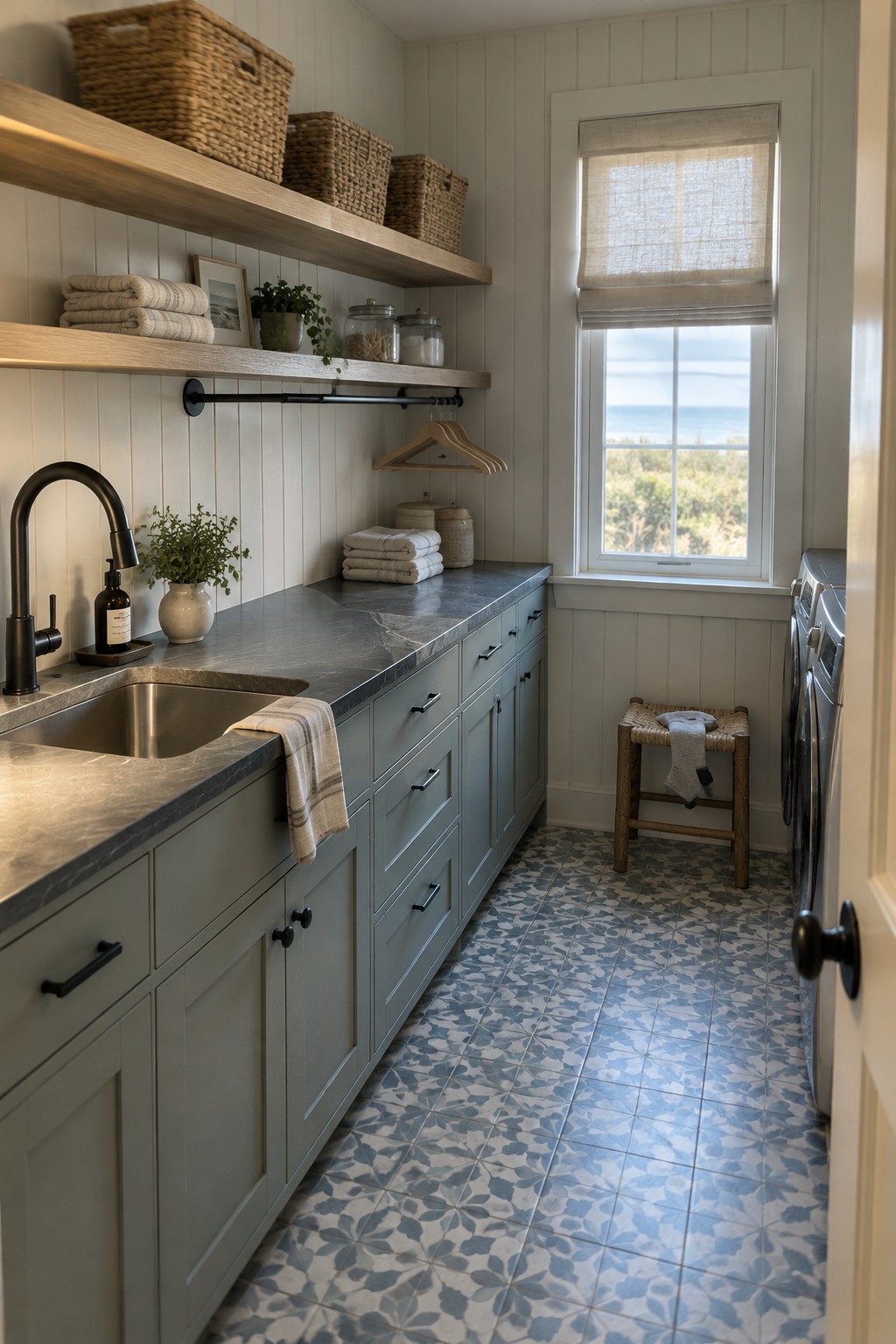 A narrow laundry room with gray stone countertops, sage cabinets, open wood shelves, a utility sink, and patterned floor tiles.