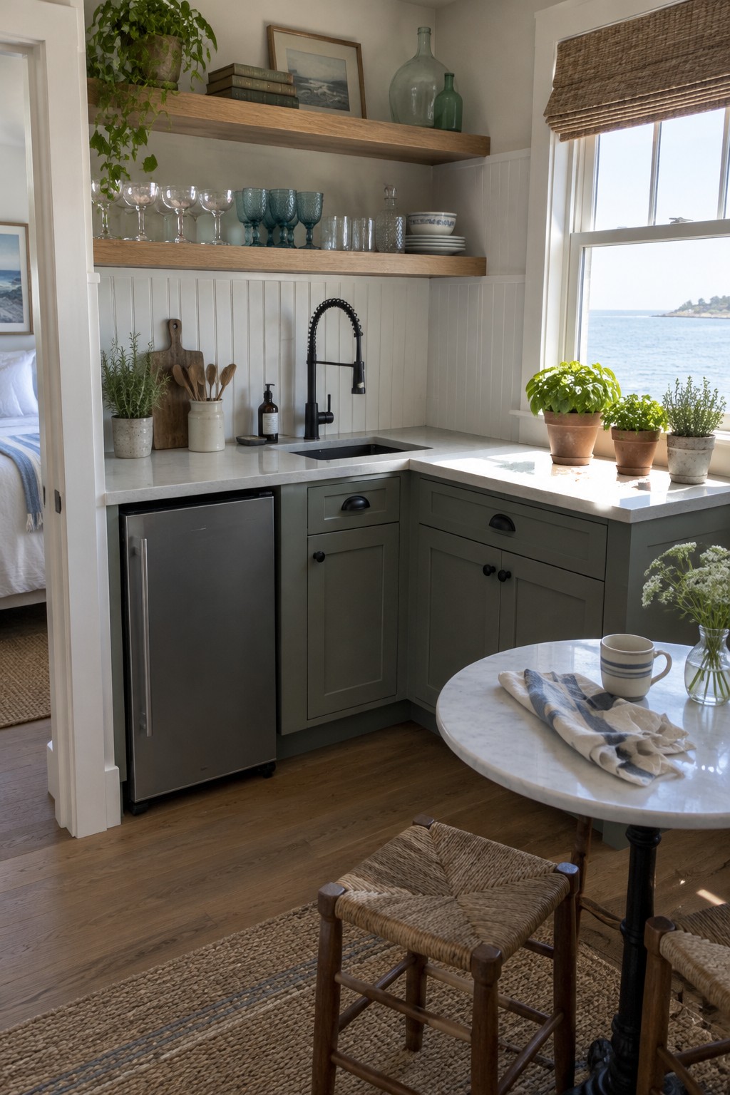 A small kitchen has pale stone countertops, dark green cabinets, a black sink faucet, and open wooden shelves.
