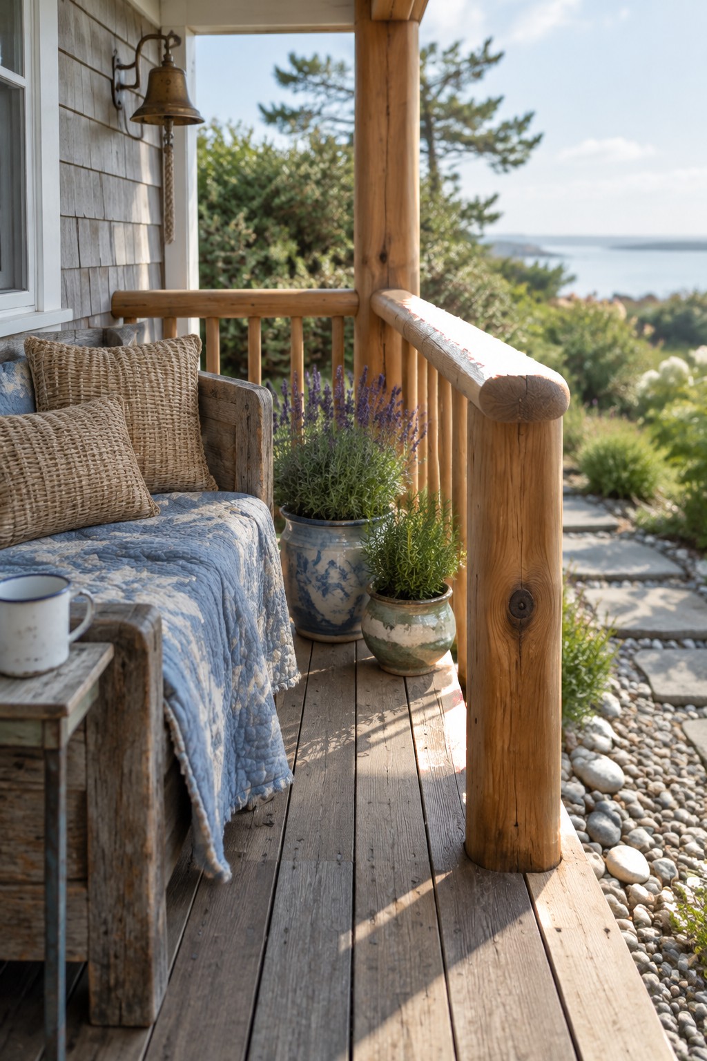 A wooden porch sofa with a blue quilt and woven pillows sits beside natural wood railings and potted flowers.