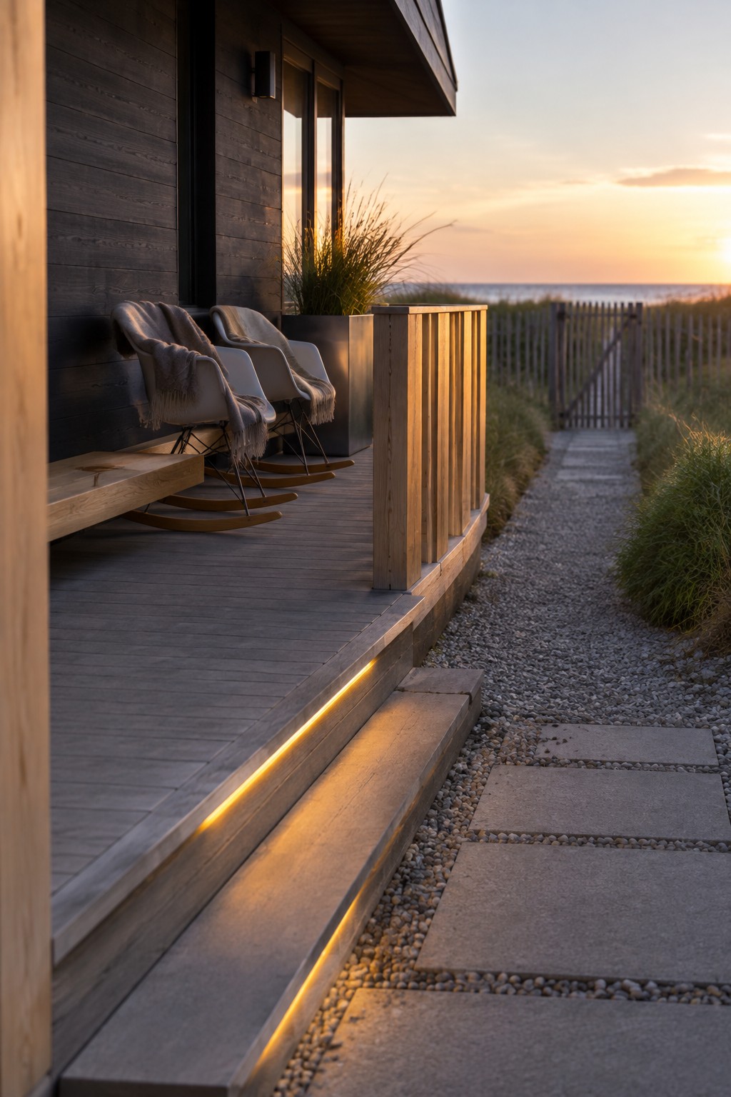 A wood porch with two rocking chairs, natural wood railings, and warm strip lighting along the steps beside a gravel path.