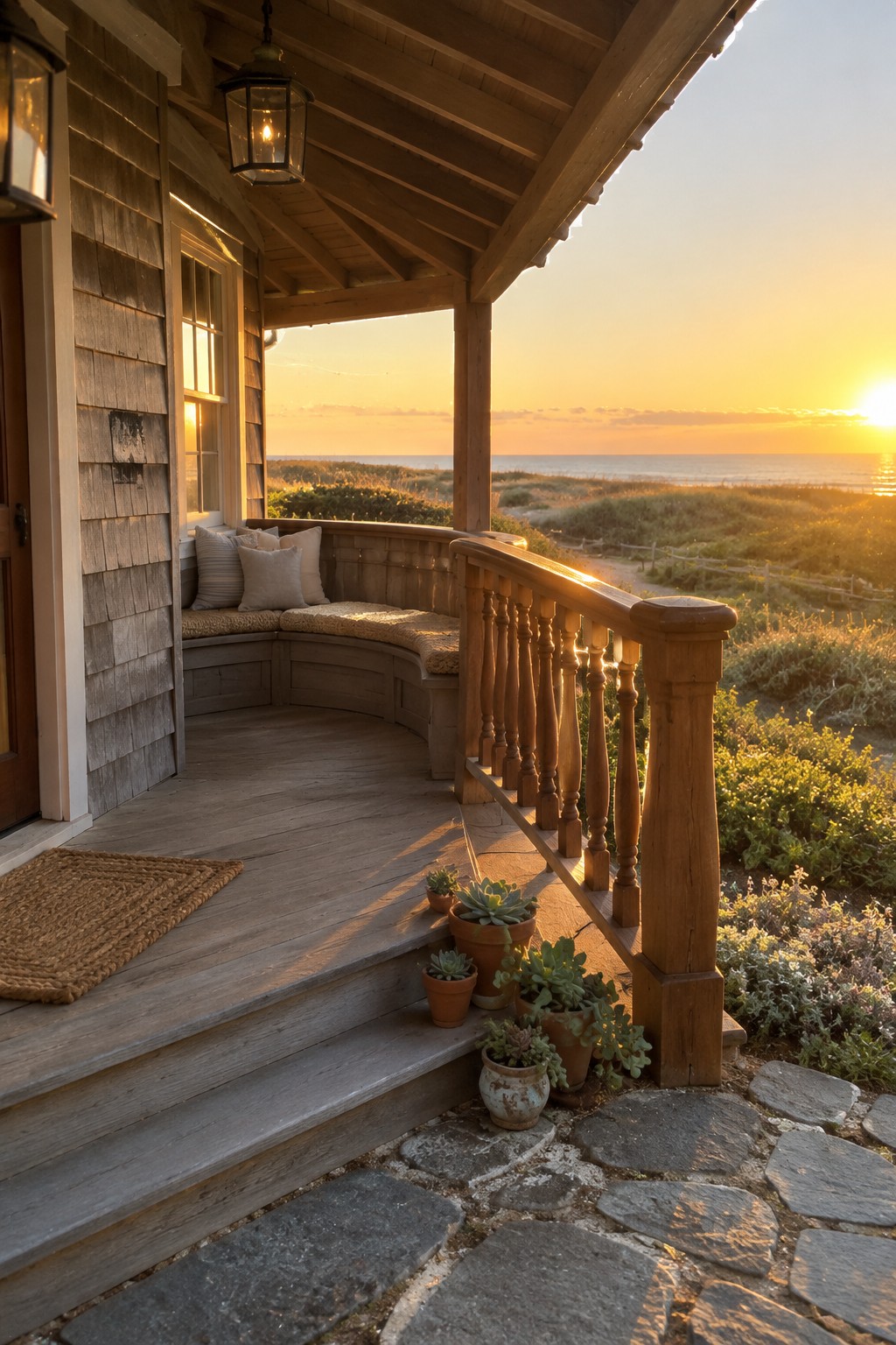 A covered wooden porch with a curved built-in bench, natural wood railing, and steps leading to a stone path.