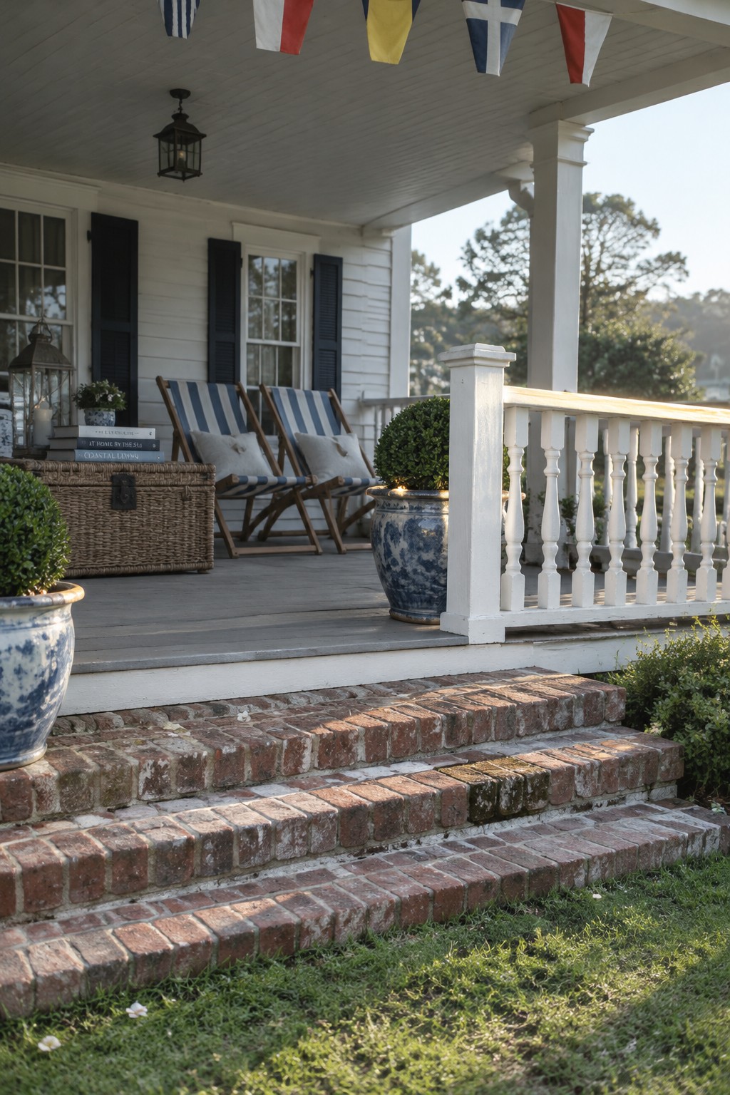 Two striped folding chairs sit on a covered porch with white railings and brick steps.