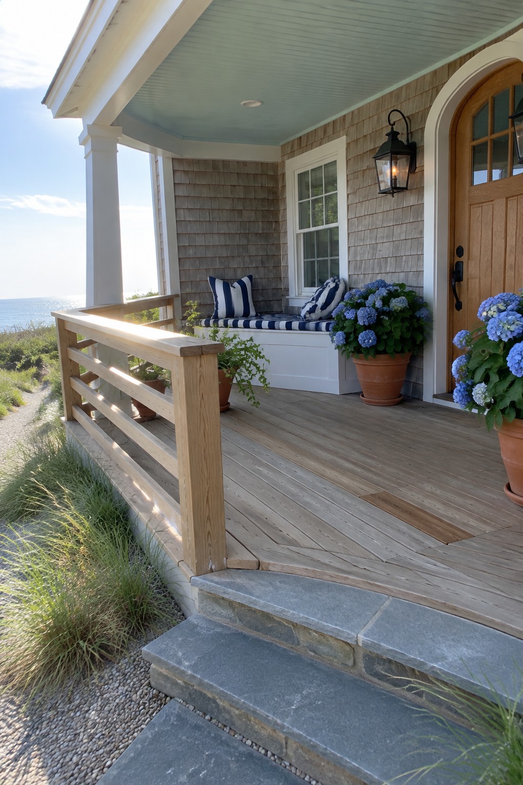 A coastal porch with a natural wood railing, a built-in bench with striped cushions, potted hydrangeas, and stone steps.