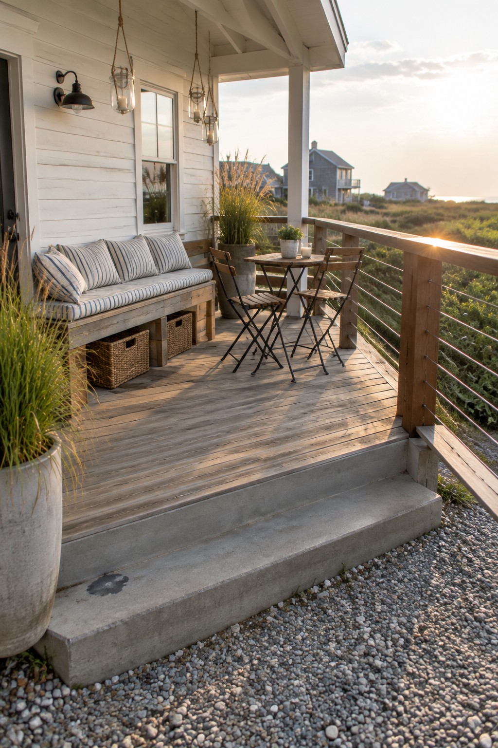 A small wooden porch has a round table with folding chairs beside a built-in bench and natural wood railing.