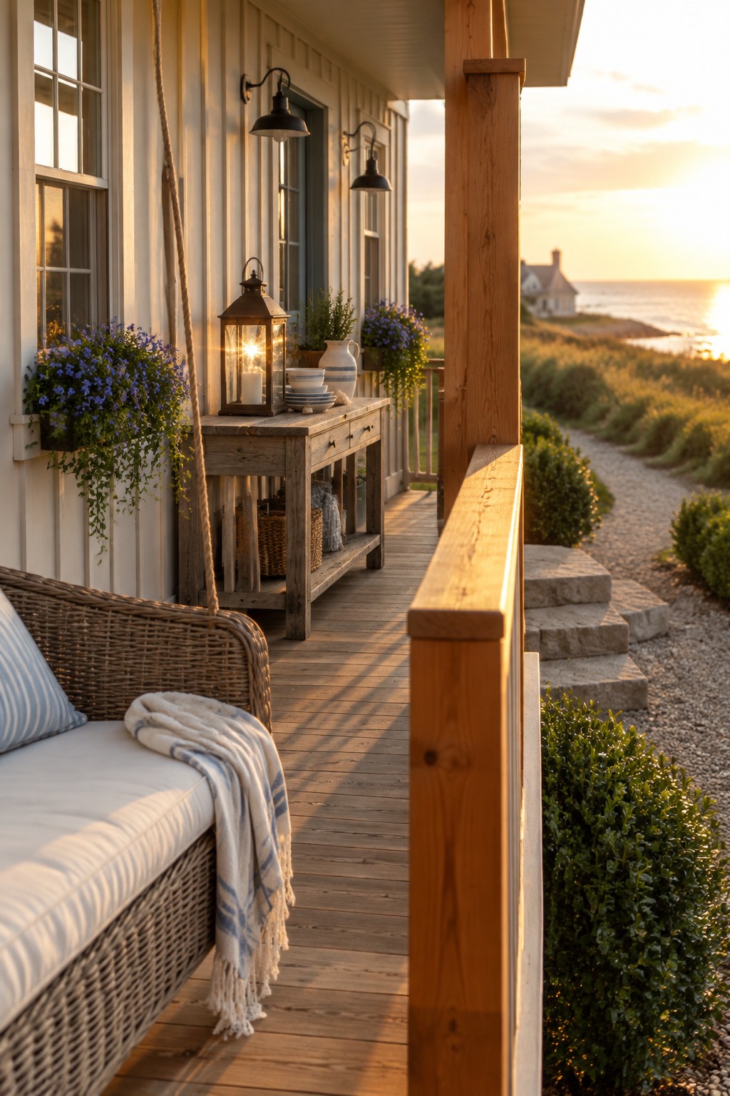 A wicker sofa sits on a narrow wooden porch beside a natural wood railing, with flowers and a small console table near the house.