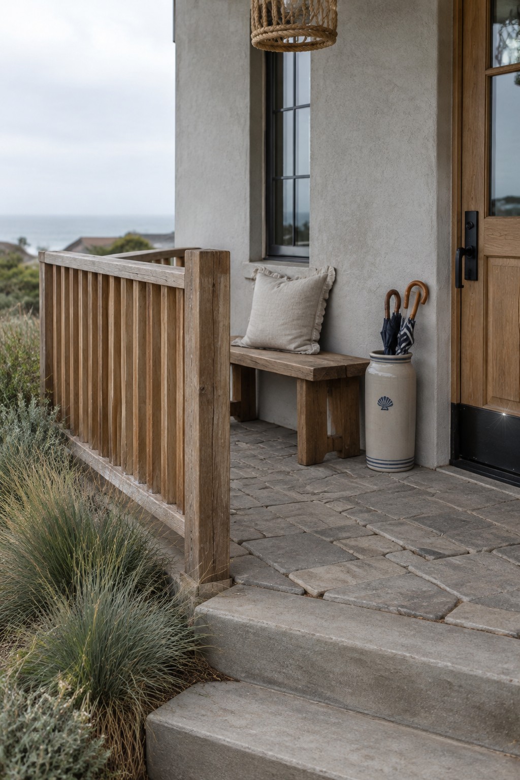 A small coastal porch with a natural wood railing, stone paving, a wooden bench, and a wooden front door.