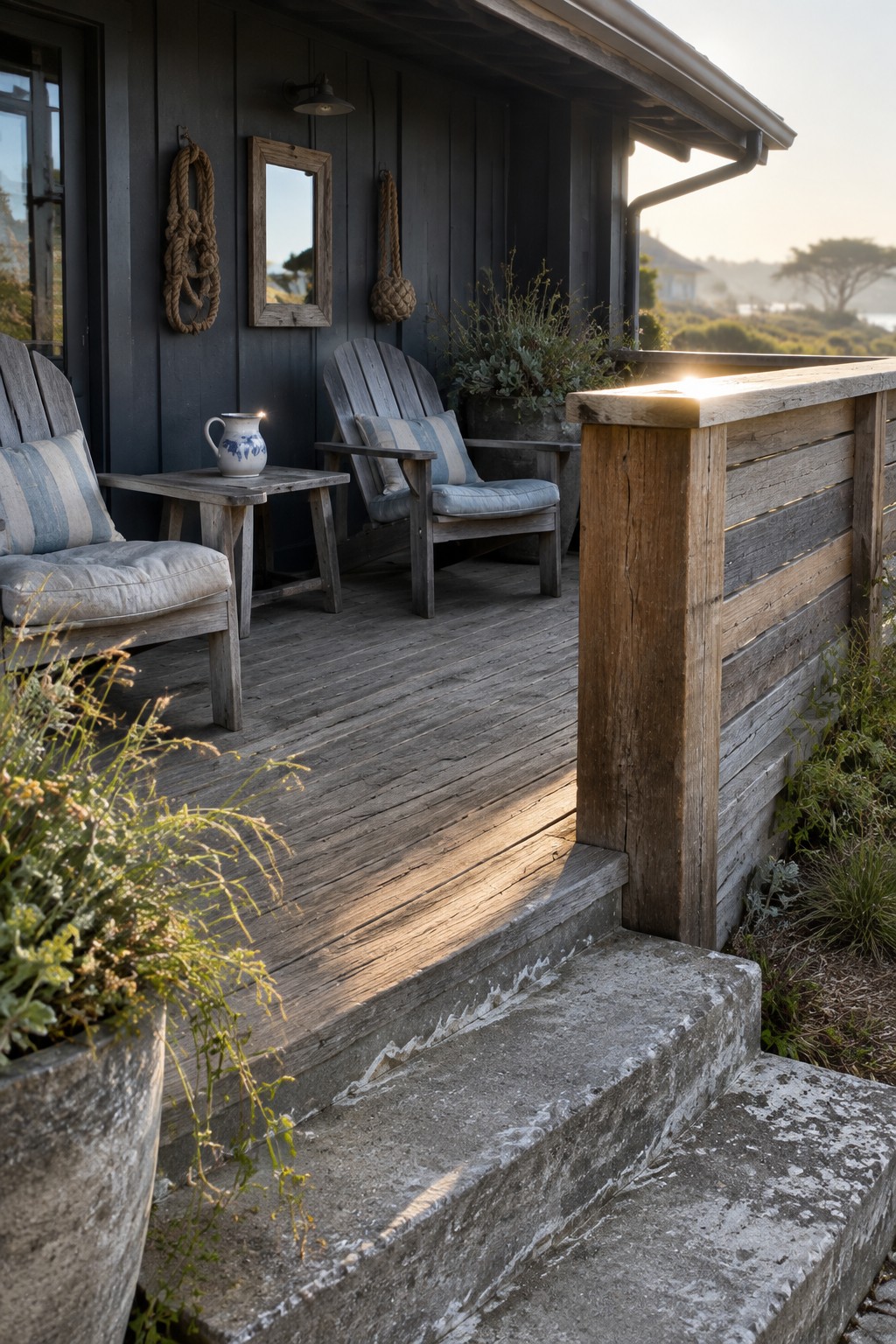 A weathered wood railing borders a raised porch with cushioned chairs, a small table, and concrete steps.