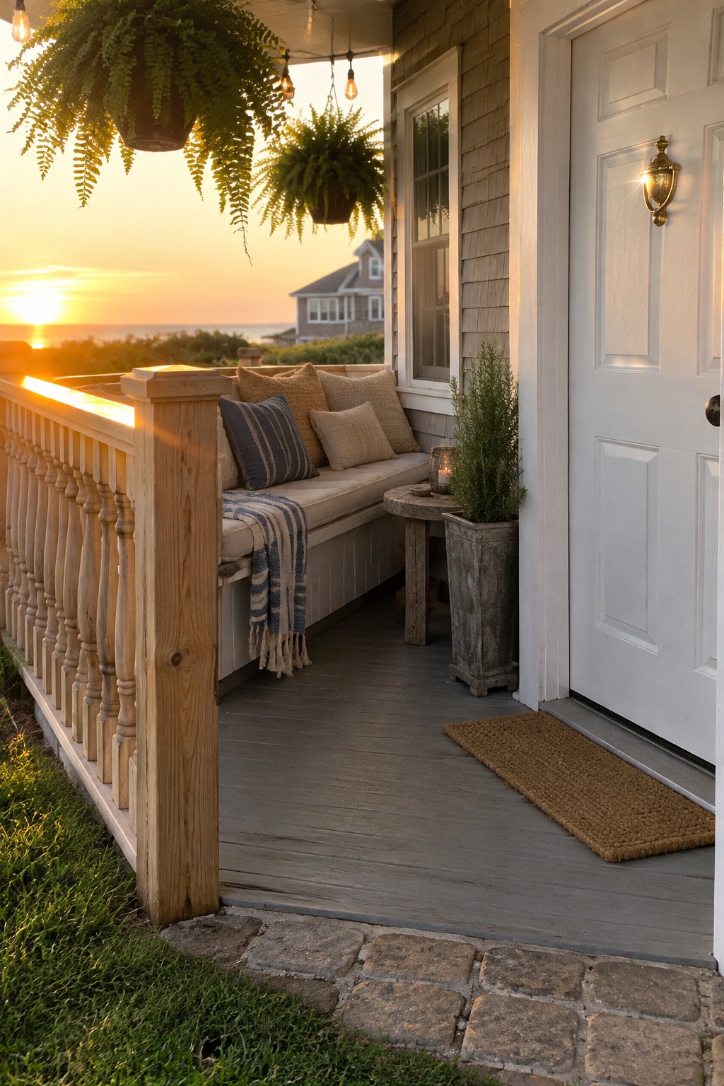 A coastal porch with natural wood railings, a cushioned bench, hanging ferns, and a white front door.