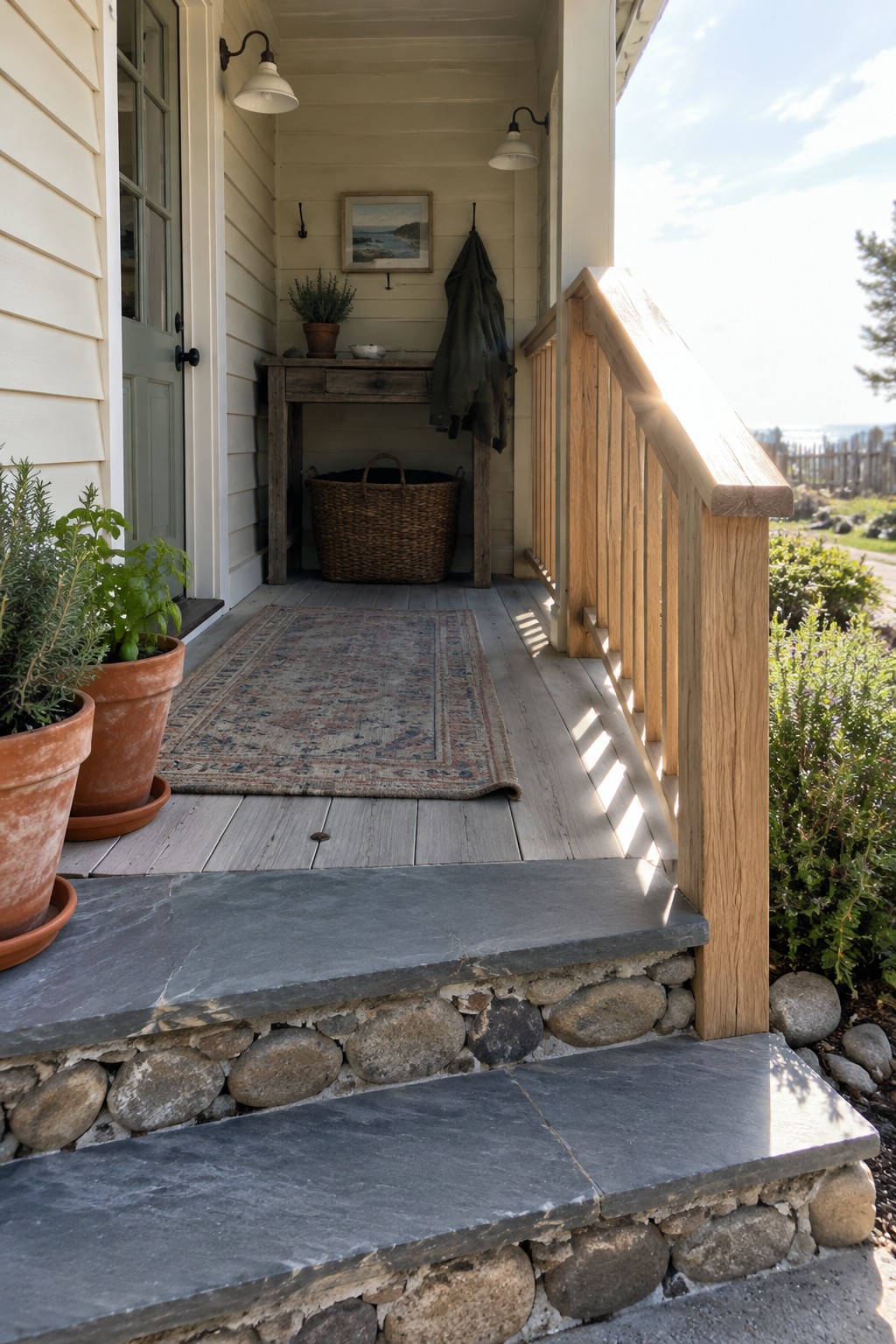A covered porch with a natural wood railing, gray plank flooring, a patterned rug, and stone steps.