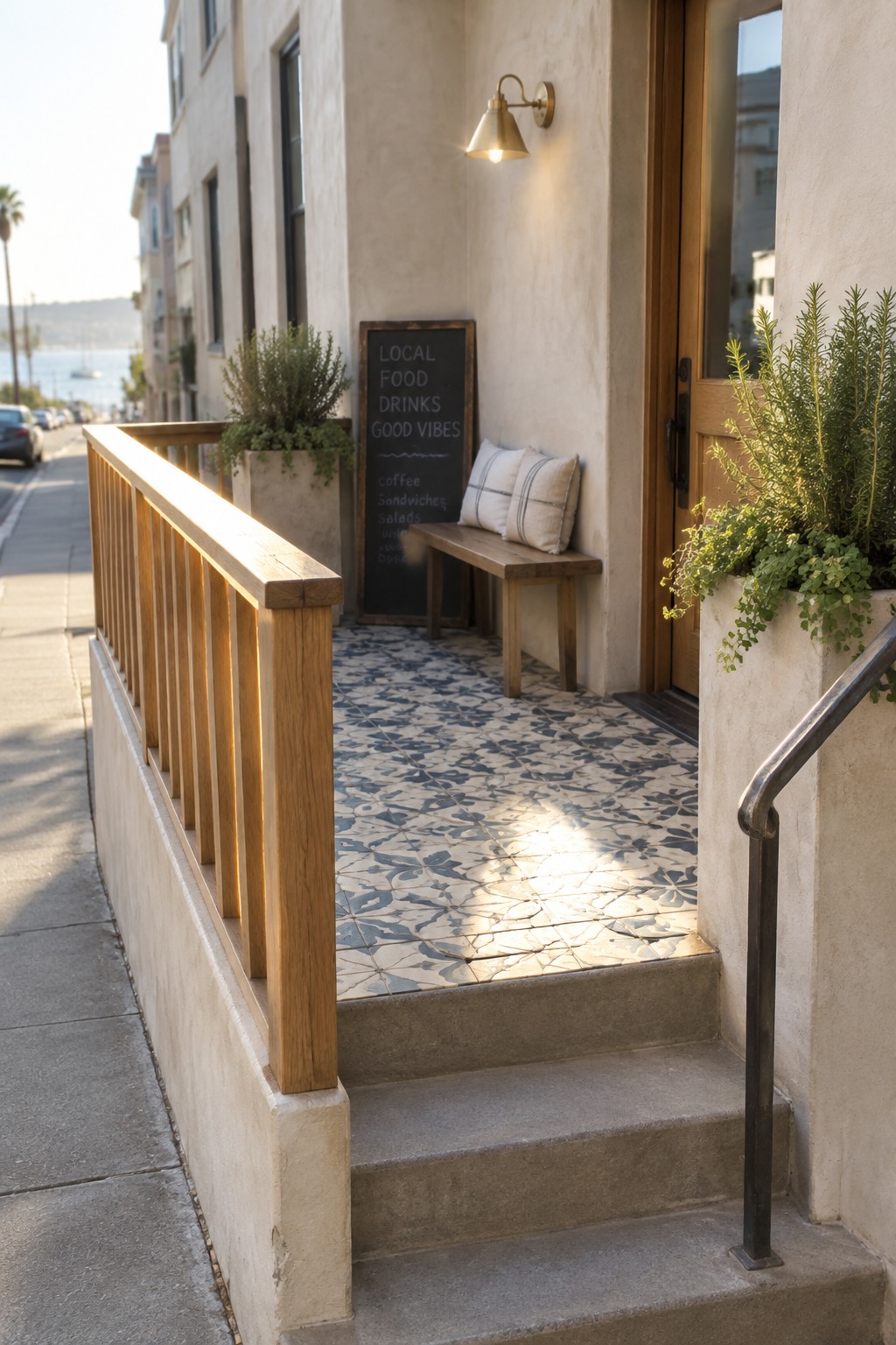 A small porch with patterned blue-and-white floor tiles, a natural wood railing, a bench, and potted plants.
