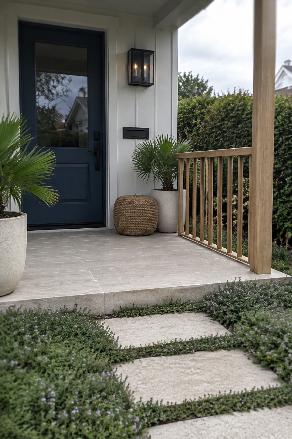 A small covered porch with natural wood railings, a dark blue front door, and potted plants.