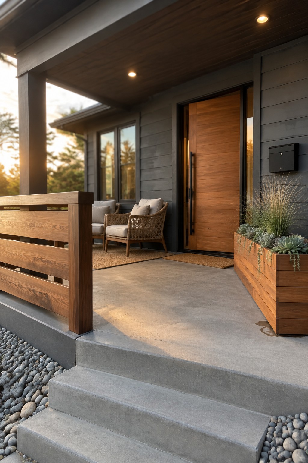 A modern home porch with horizontal wood railings, concrete steps, a wood front door, and a planter beside the entry.