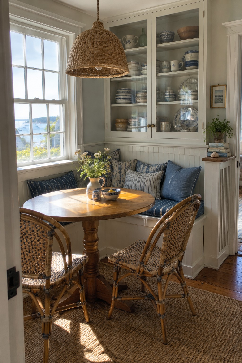 A breakfast nook with a built-in bench, blue patterned cushions, a round wooden table, and woven chairs beneath glass-front cabinets.