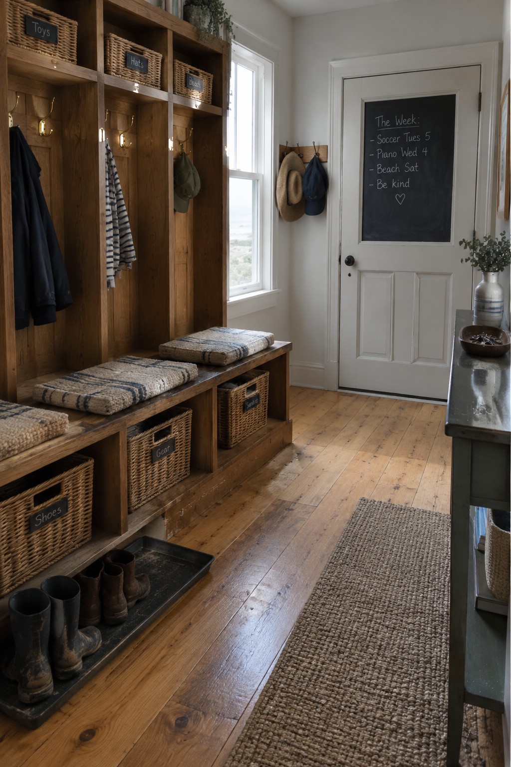 A wood built-in entry wall has labeled woven baskets, brass hooks, a bench, and shoe storage beside a white door.