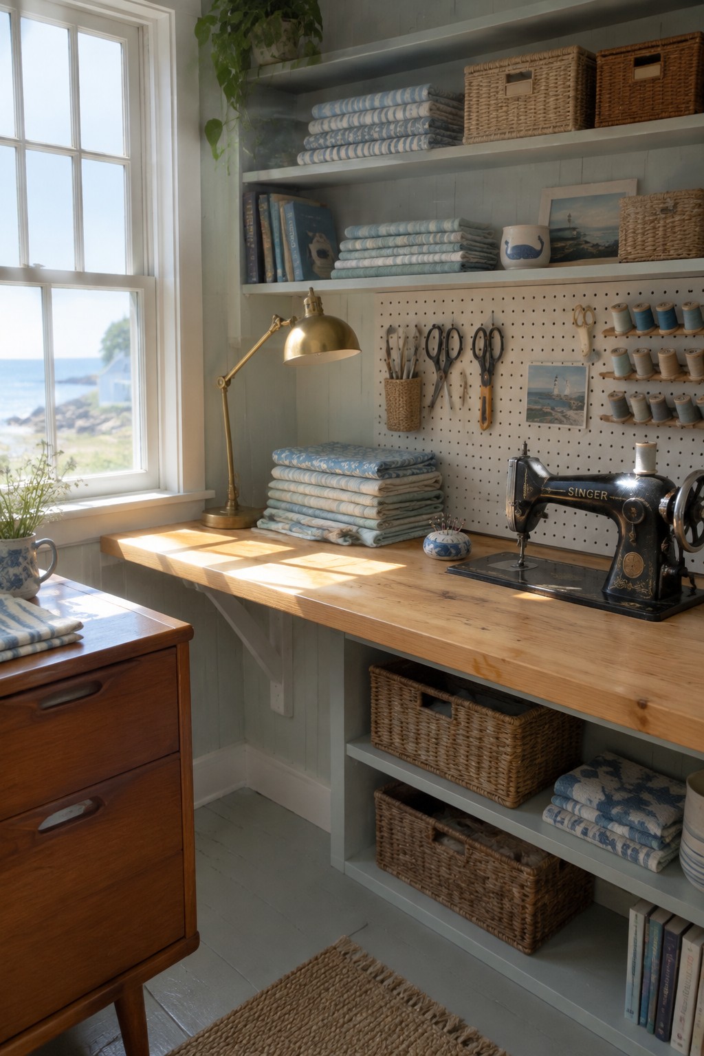 A sewing room with open shelves, folded blue fabric, woven baskets, a wooden worktable, and a vintage black sewing machine.