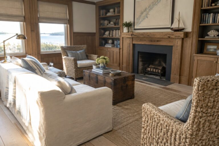 22 Coastal Home Renovation Ideas Preserving Original Woodwork A coastal living room with a wooden fireplace mantel, built-in bookshelves, and woven chairs.