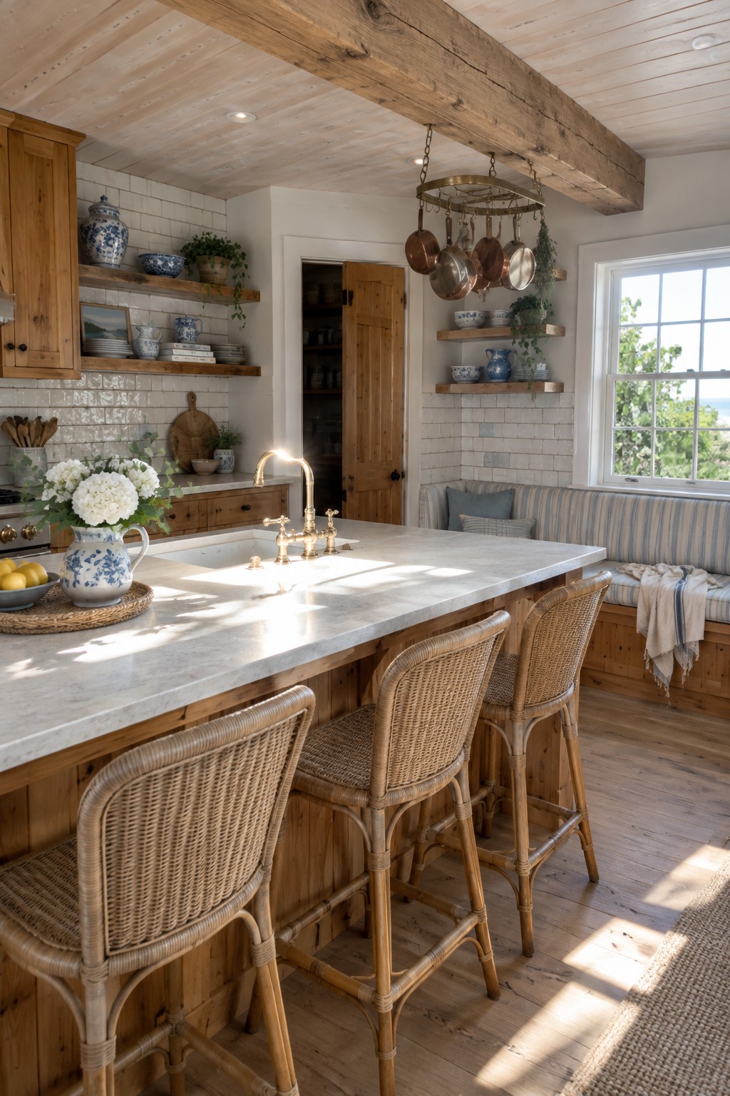 A coastal kitchen with exposed ceiling beams, wooden cabinetry, a pale island, woven stools, and blue-and-white ceramics.