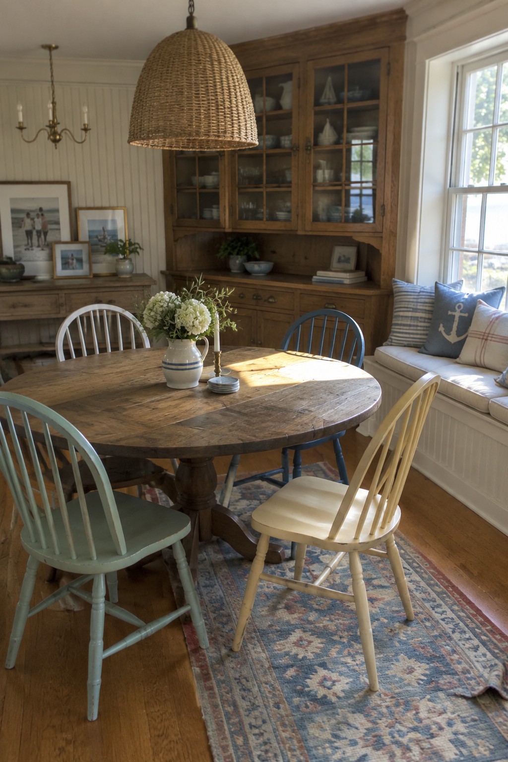 A wooden dining table and glass-front hutch sit in a dining room with painted chairs and a window seat.