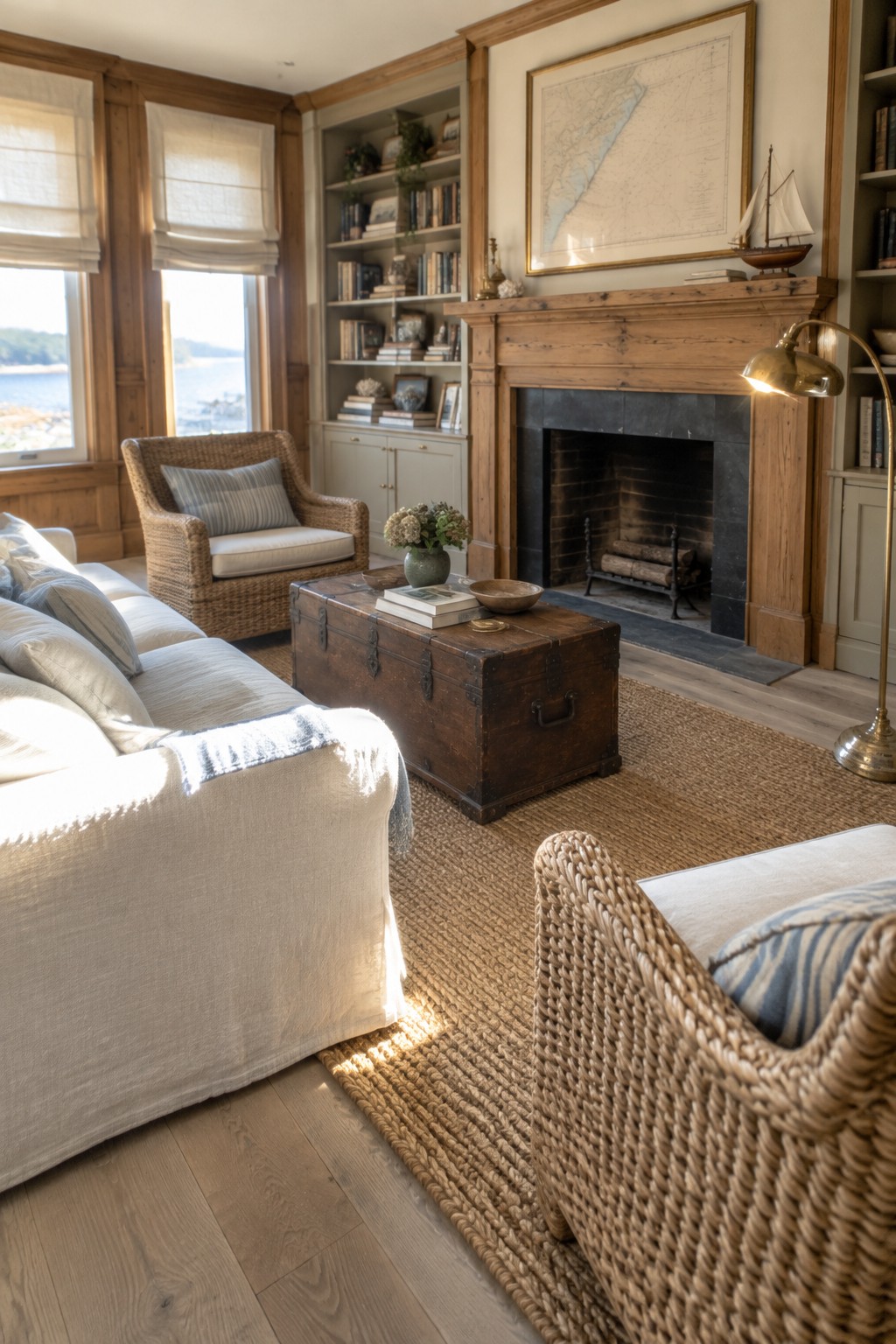 A coastal living room with a wooden fireplace mantel, built-in bookshelves, and woven chairs.