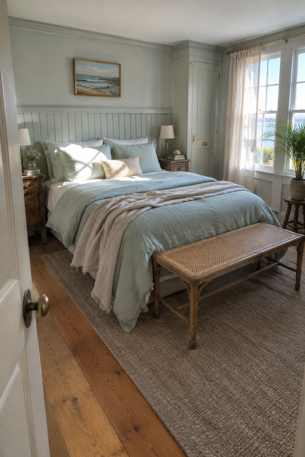 A bedroom with pale blue-green paneled walls behind a bed dressed in light blue and white bedding.