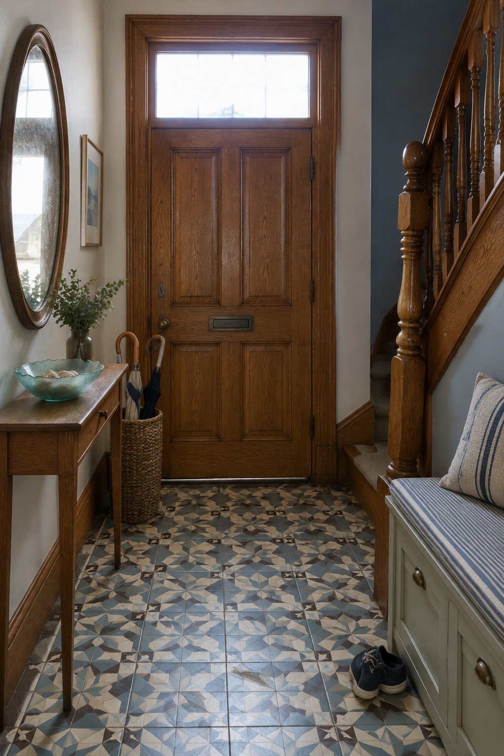 A paneled wood front door with a glass transom stands in an entryway with a patterned tile floor and wooden staircase.