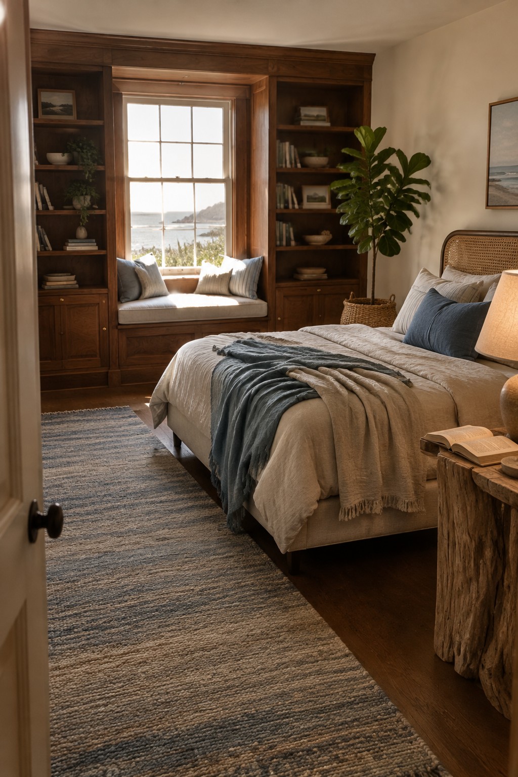 A bedroom with dark wood built-in bookshelves surrounding a window seat, a bed, and a woven rug.