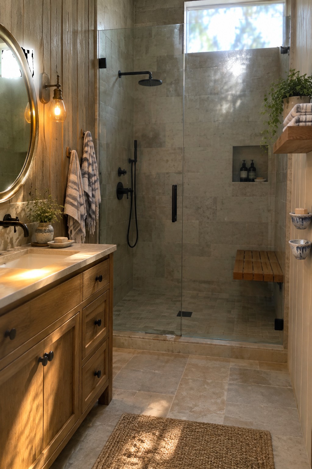 A bathroom with vertical wood paneling beside a glass shower, beige stone tile, and a wooden vanity.
