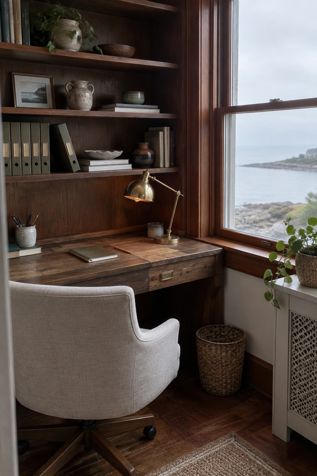 A wooden built-in desk and shelves sit beside a window overlooking the coast.