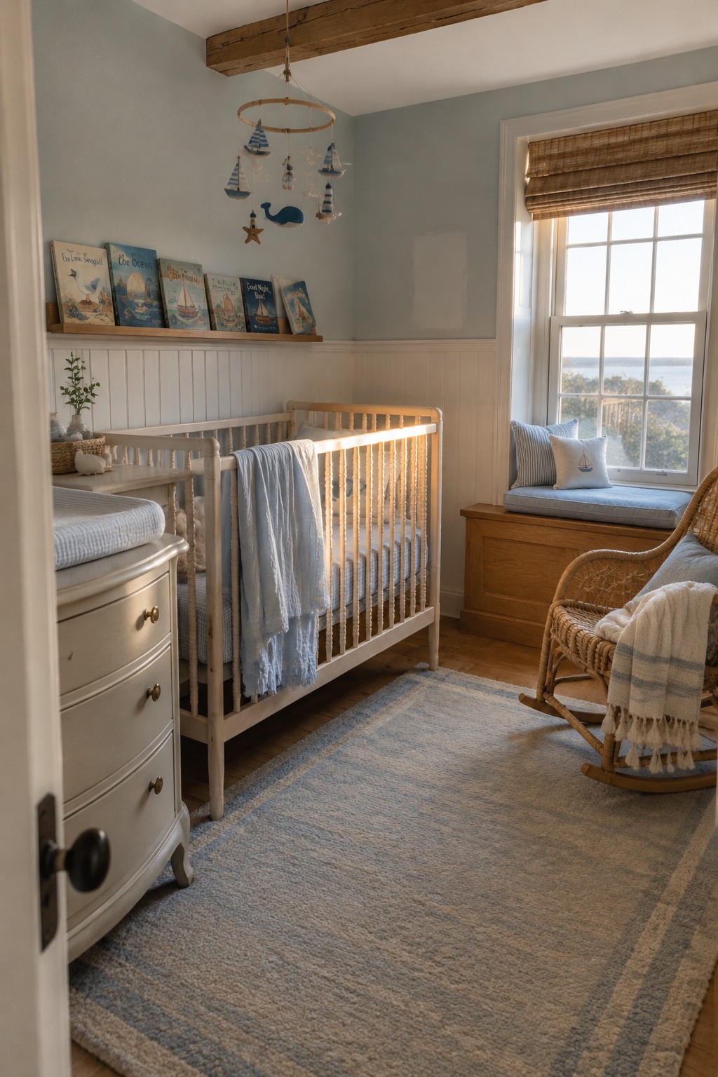 A coastal nursery with an exposed wood ceiling beam, white crib, and blue-gray walls.